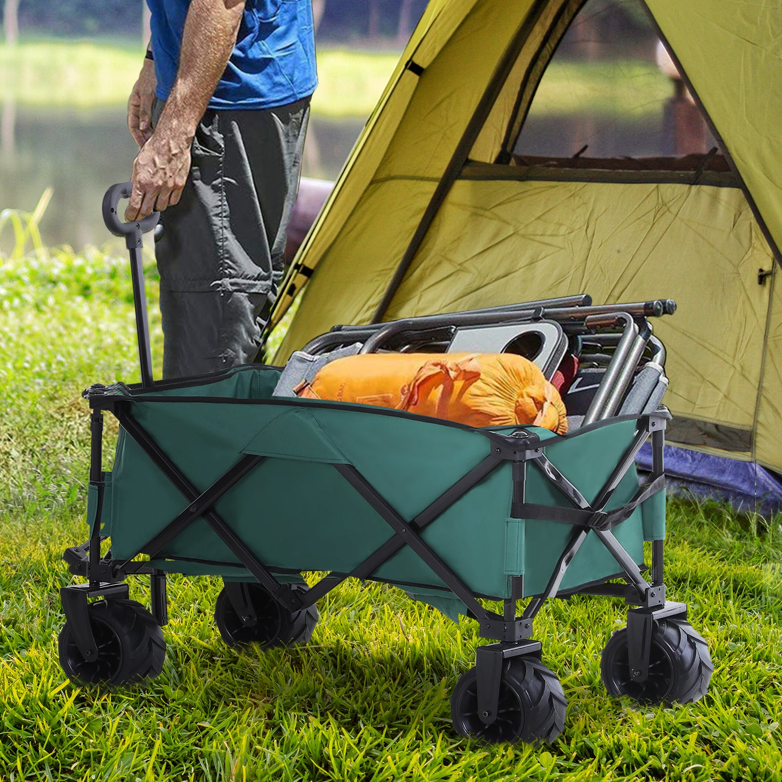 Outdoor Pull Along Cart Folding Cargo Wagon Trailer Trolley for Beach Garden Use with Telescopic Handle, Anti-Slip Wheel - Green