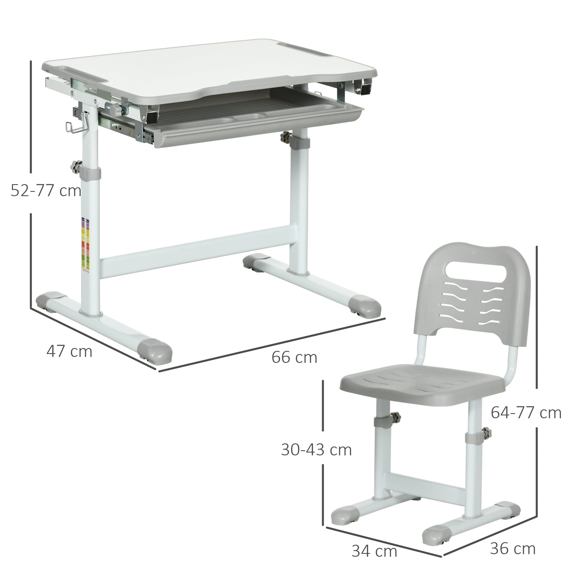 Kids Desk and Chair Set Height Adjustable Student Writing Desk Children School Study Table with Tiltable Desktop, Grey