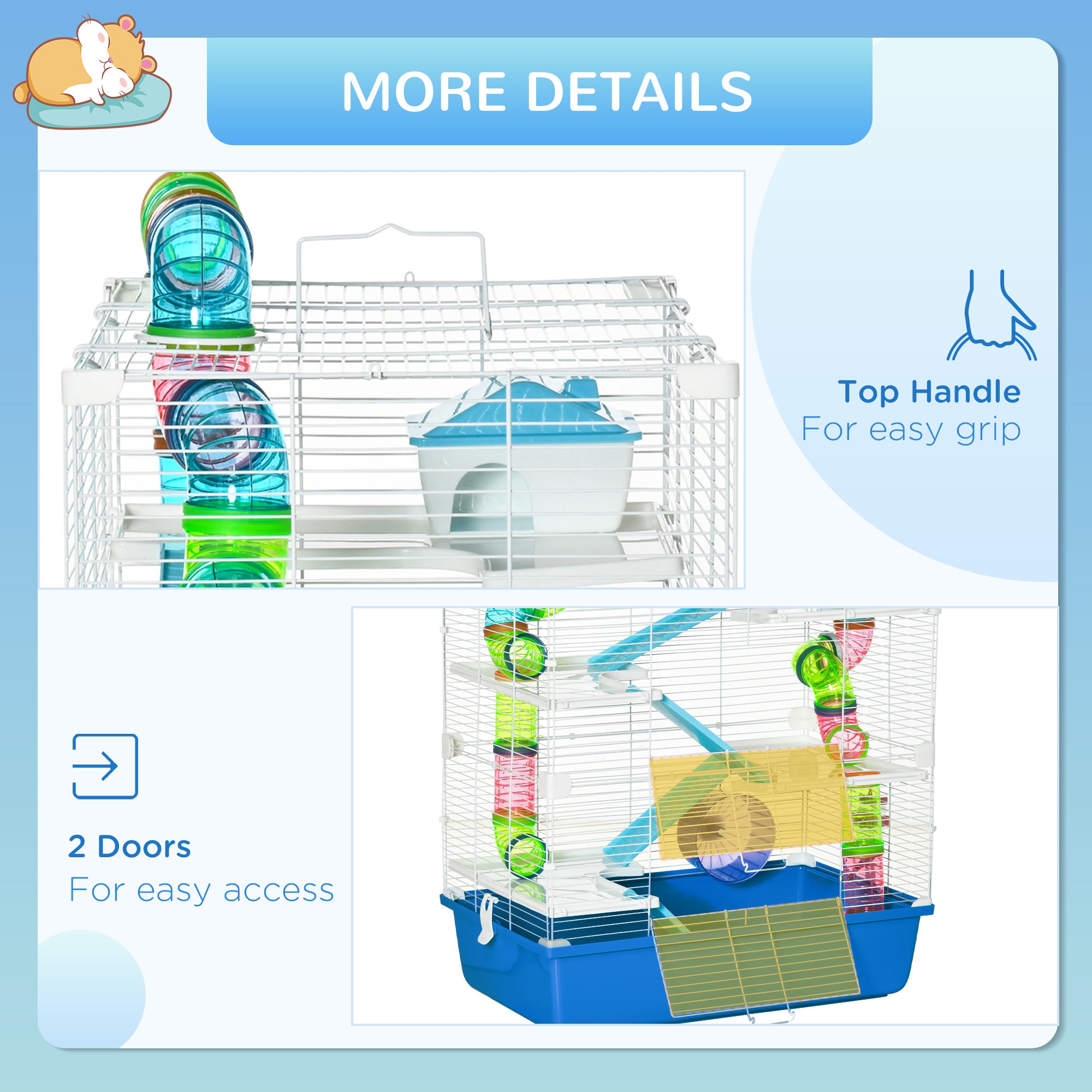 Large 5-Level Hamster Cage with Tunnel Tube, Exercise Wheel & Water Bottle - Blue