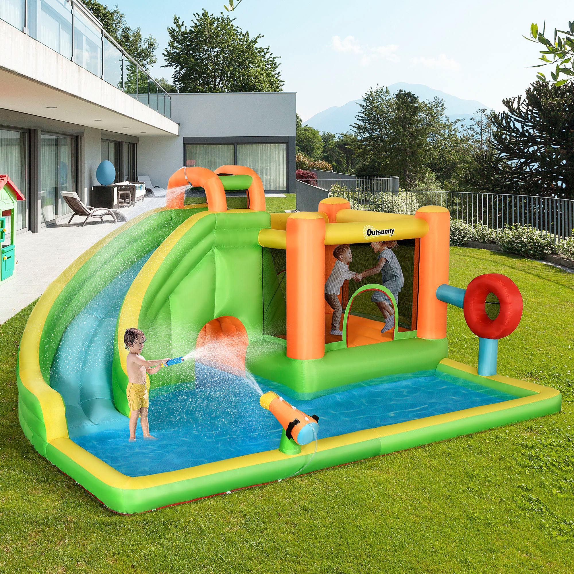 7 in 1 Kids Bouncy Castle Water Slide Bounce House Includes Slide, Trampoline, Pool, Water Gun, Ball-target, Boxing Post Tunnel w/Air Blower