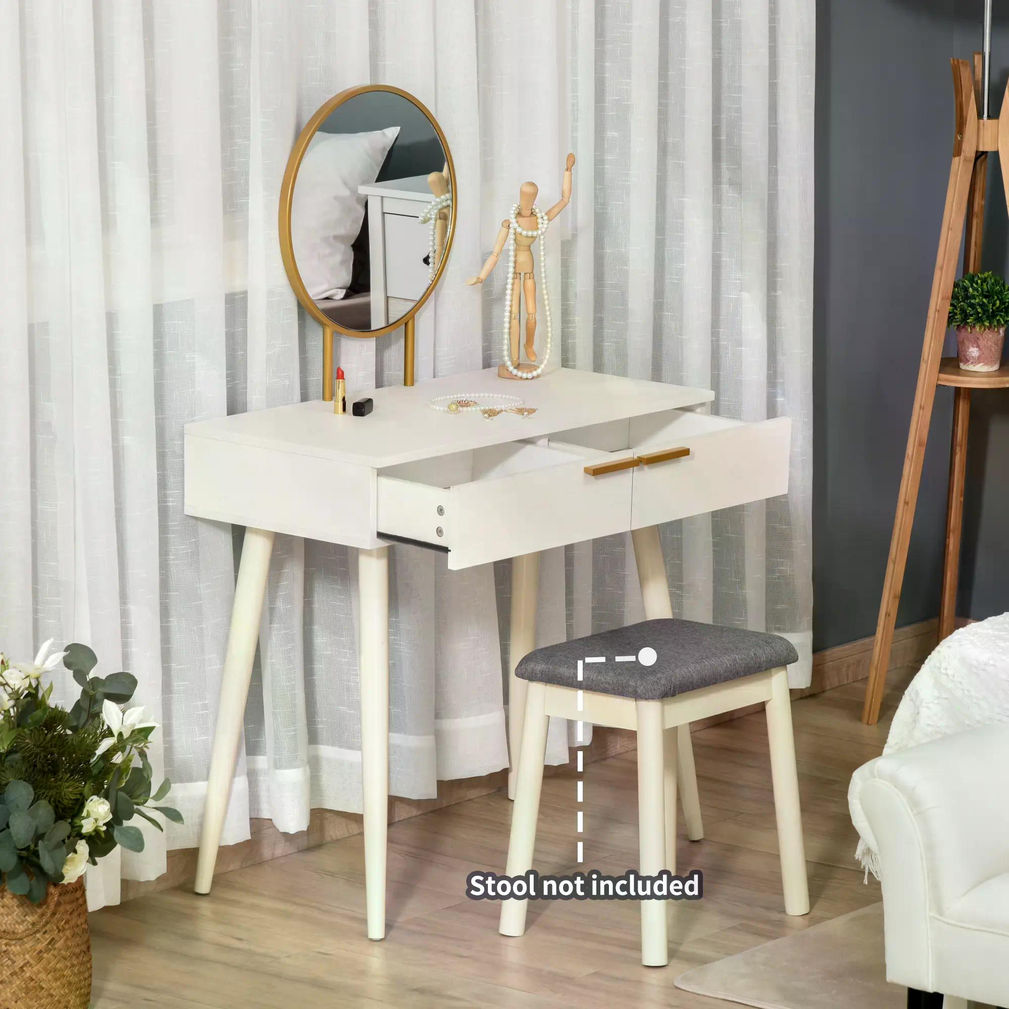 Modern Dressing Table with Round Mirror, Makeup Vanity Table with 2 Drawers for Bedroom, Living Room, White