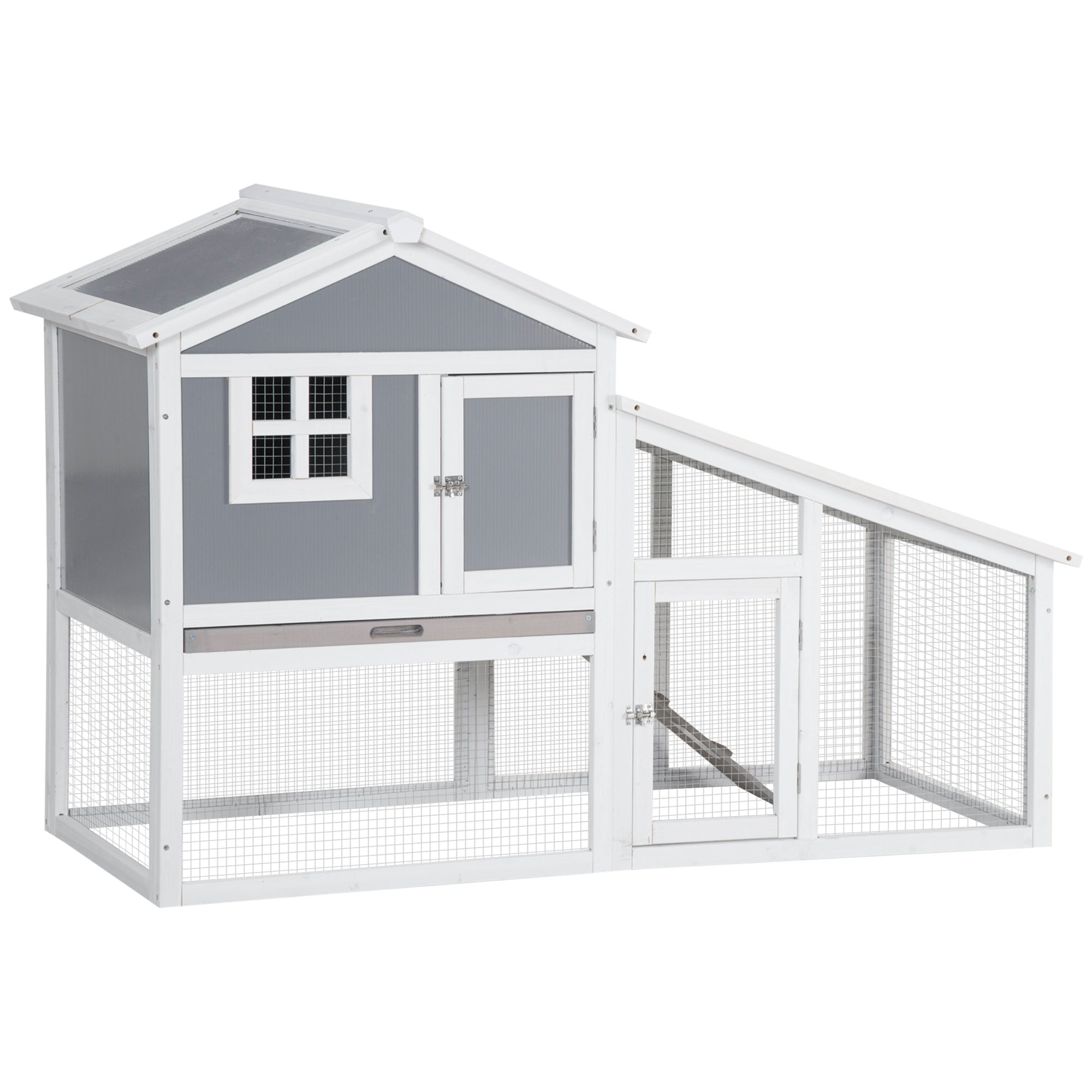 Wooden Rabbit Hutch, 2 Tier Guinea Pig Cage, Bunny Run, Small Animal House for Indoor Outdoor with Sunlight Panel Roof Slide-out Tray, Grey