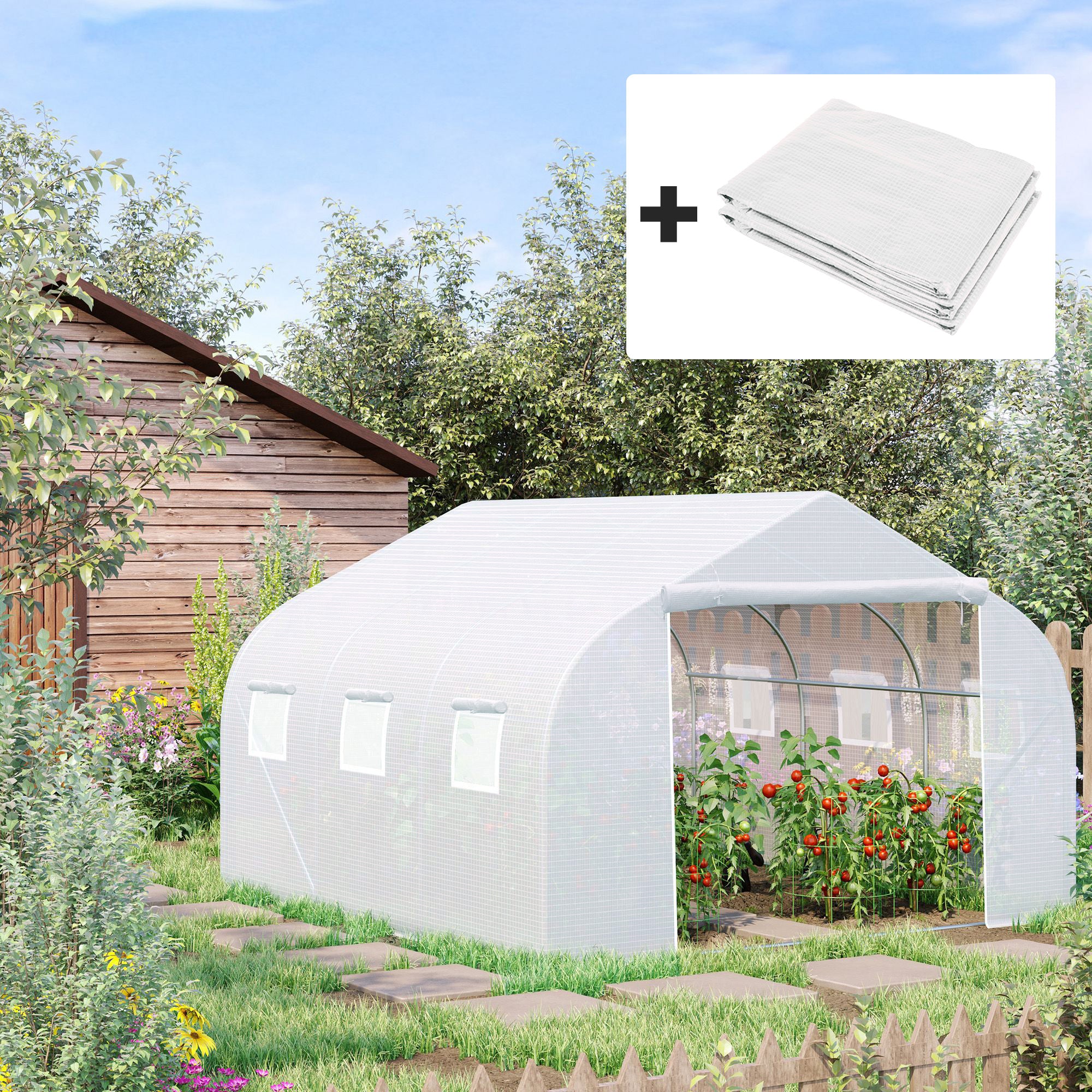 Walk-In Tunnel Greenhouse with Replacement Cover, Outdoor Growhouse with PE Cover, Roll Up Door and 6 Windows, 4.5 x 3 x 2 m, White