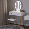 Dressing Table Set with LED Light, Round Mirror, 2 Drawers & Cushioned Stool - White