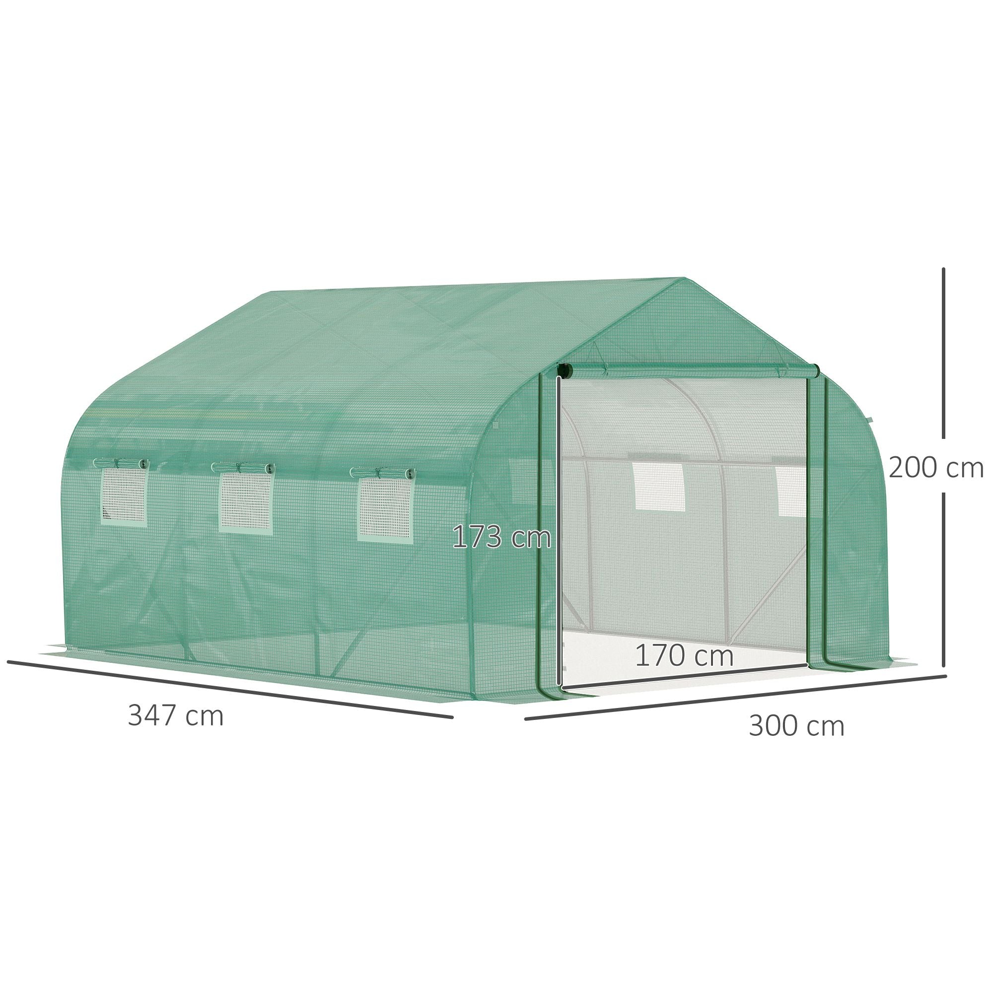 Walk-in Polytunnel Garden Greenhouse, Outdoor Greenhouse with PE Cover, Zippered Roll Up Door and 6 Windows, 3.5 x 3 x 2m, Green