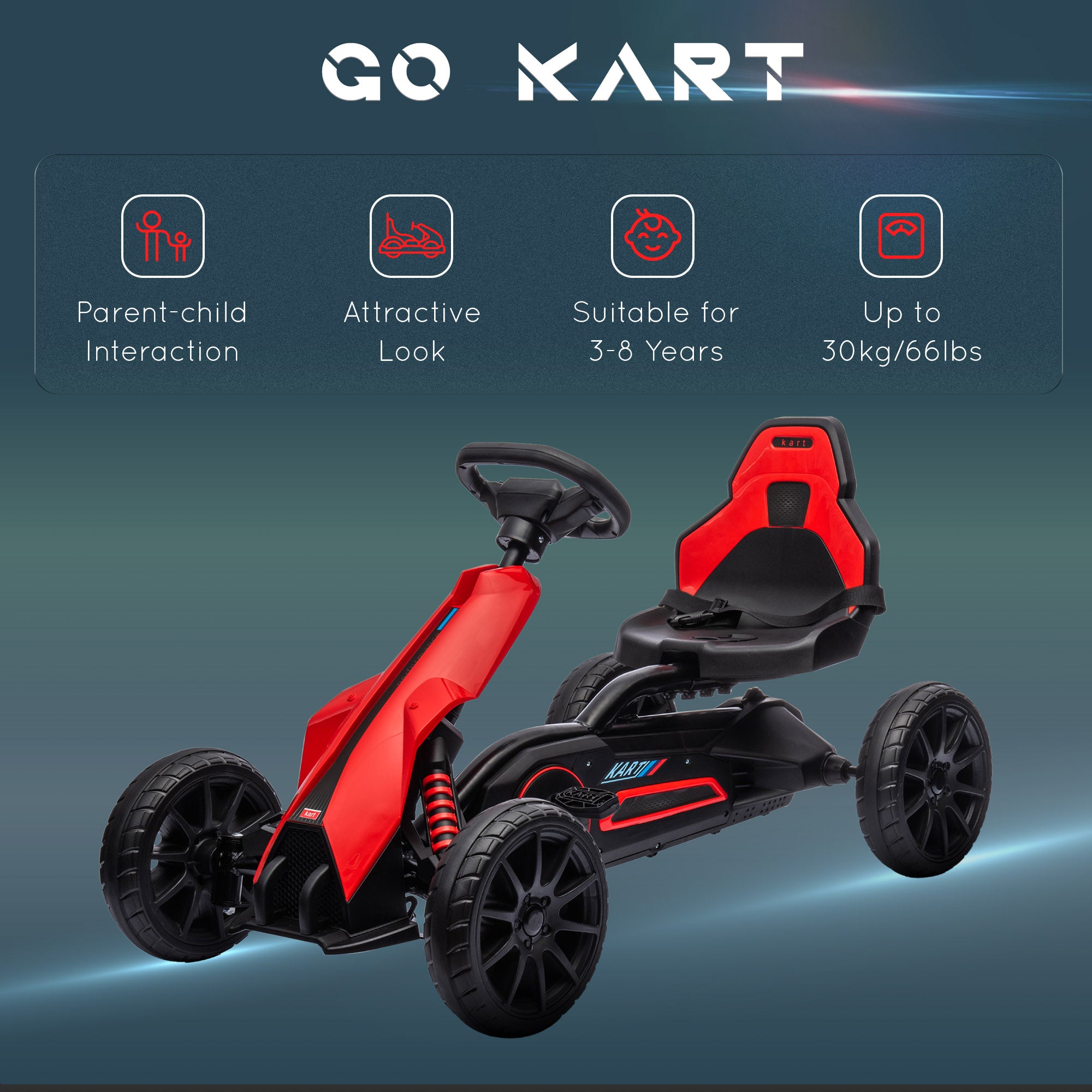 Children Pedal Go Kart, Kids Ride on Racer w/ Adjustable Seat, Shock Absorption EVA Tyres, Handbrake, for Kids Aged 3-8, Red