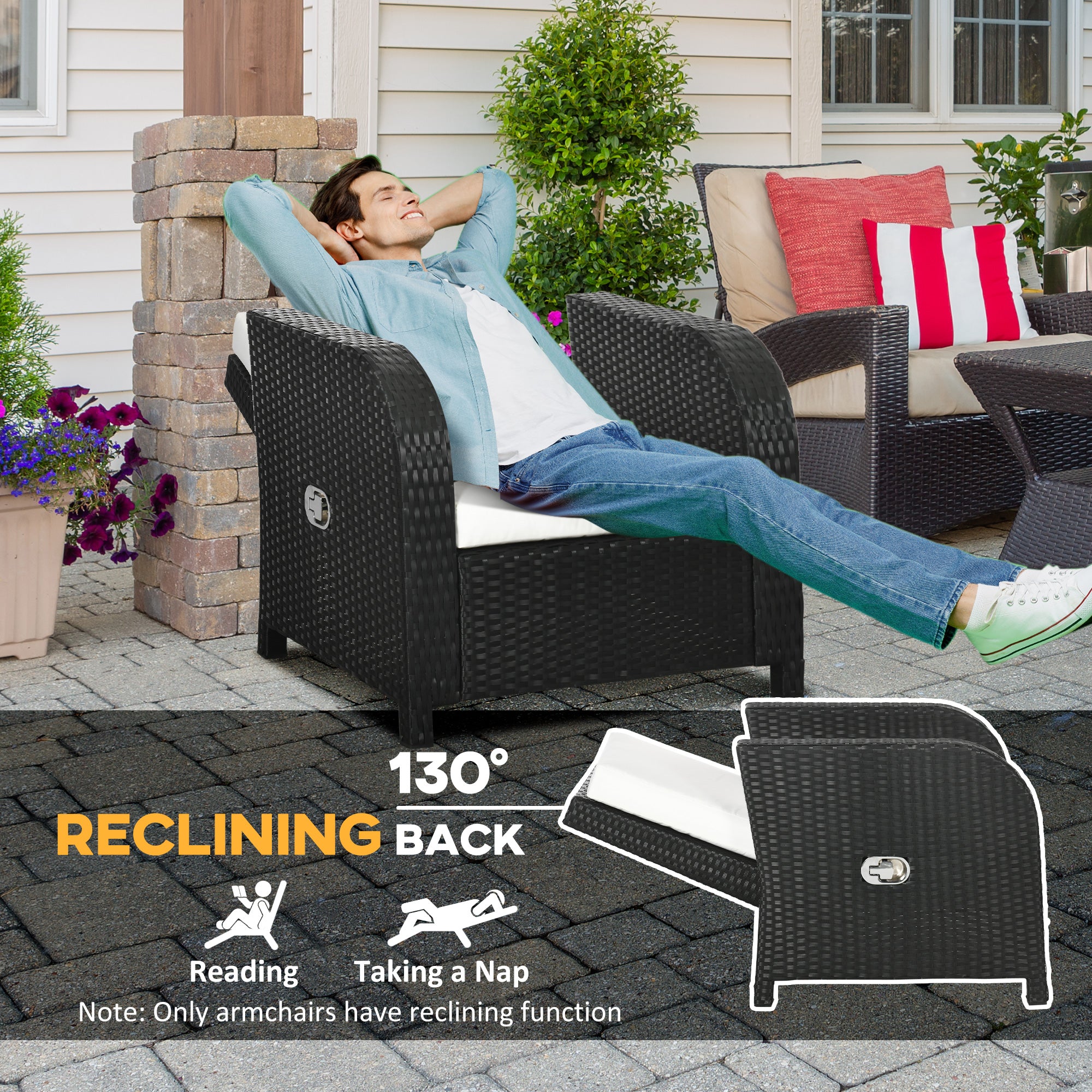 7 Seater Outdoor Rattan Garden Furniture Sets with Wicker Sofa, Reclining Armchair and Glass Table, 181x75x81cm, Black