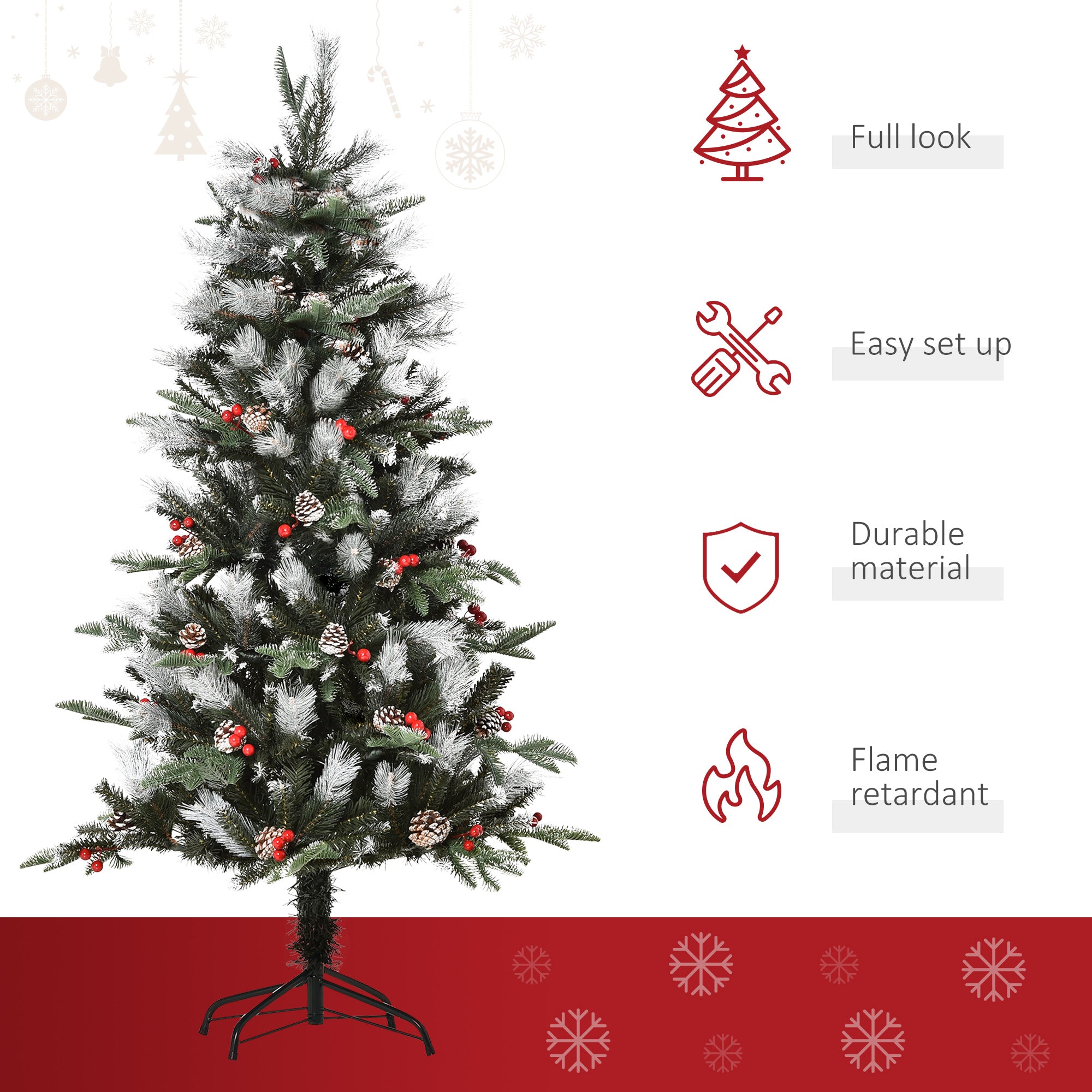 5FT Artificial Snow Dipped Christmas Tree Xmas Pencil Tree Holiday Home Party Decoration with Foldable Feet Red Berries White Pinecones, Green