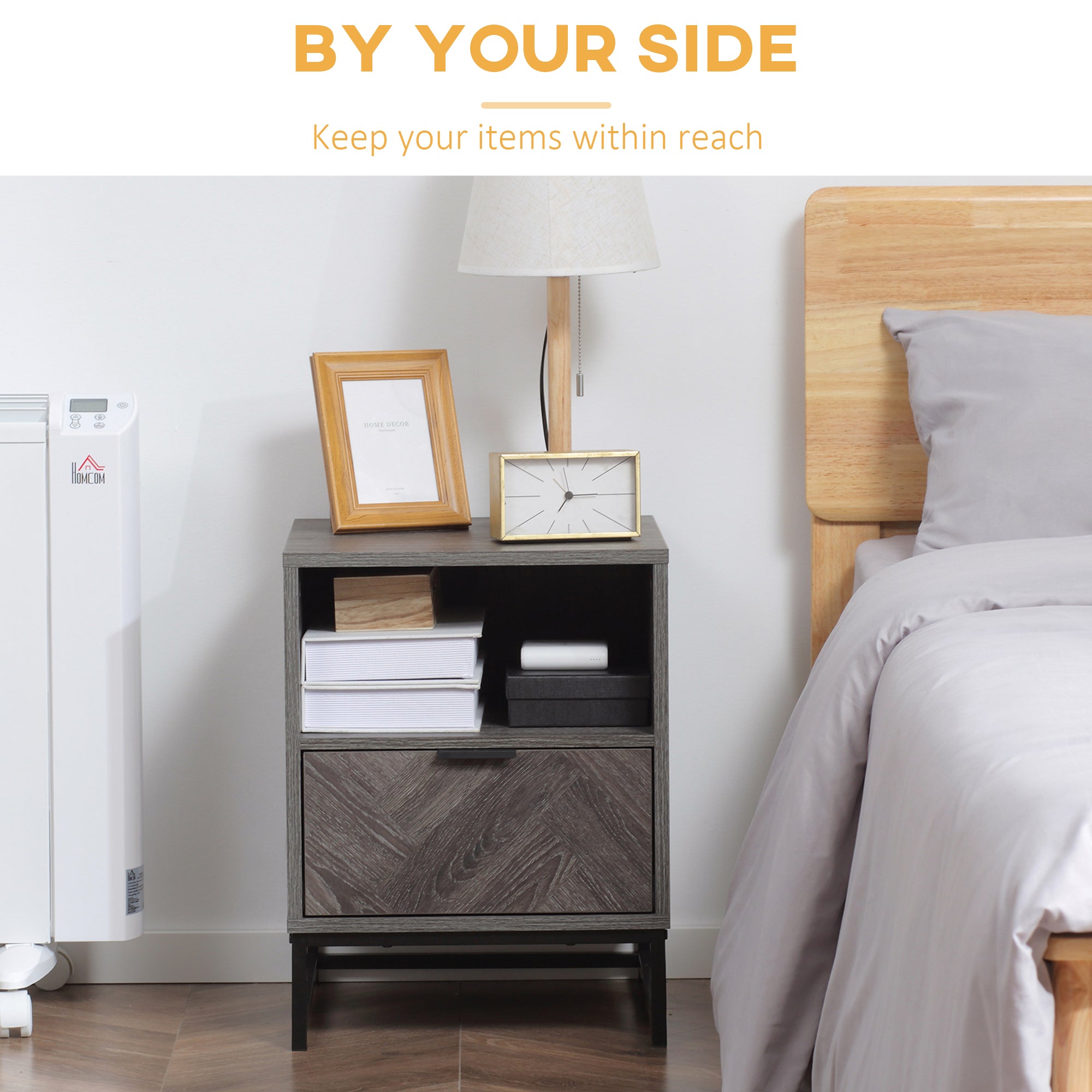 Bedside Table with Drawer and Shelf, Side End Table with Steel Legs for Living Room, Bedroom, Dark Grey