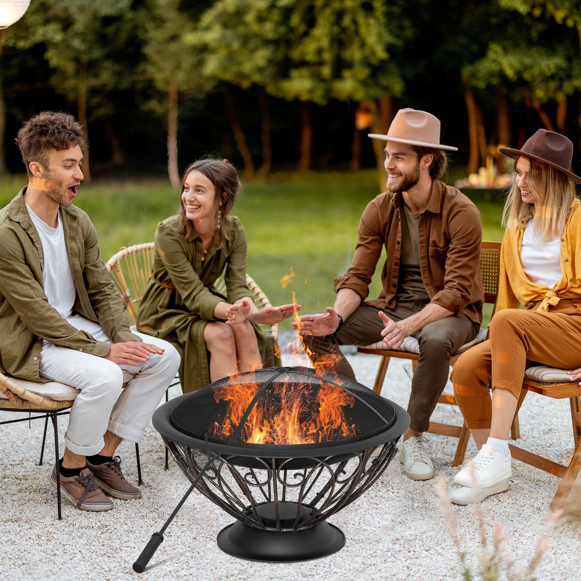 Outdoor Fire Pit for Garden, Metal Fire Bowl Fireplace with Spark Screen, Poker, Log Grate and Rainproof Cover, Patio Heater, Bronze