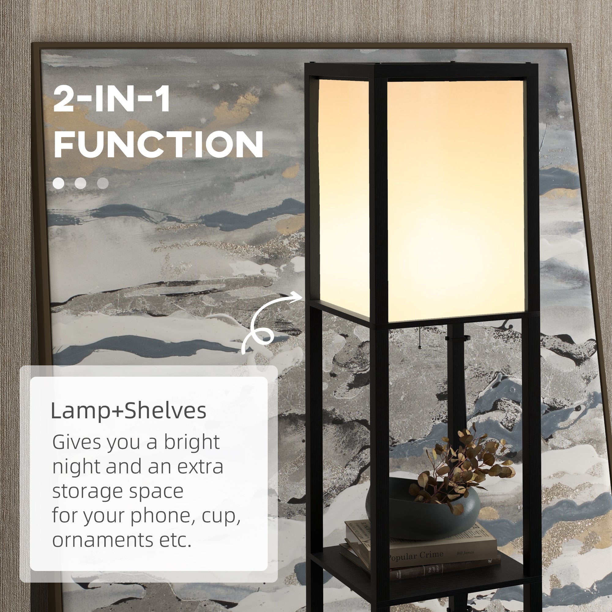 Modern Shelf Floor Lamp with Dual Ambient Light, Standing Lamp Living Room, Bedroom, 156cm, Black