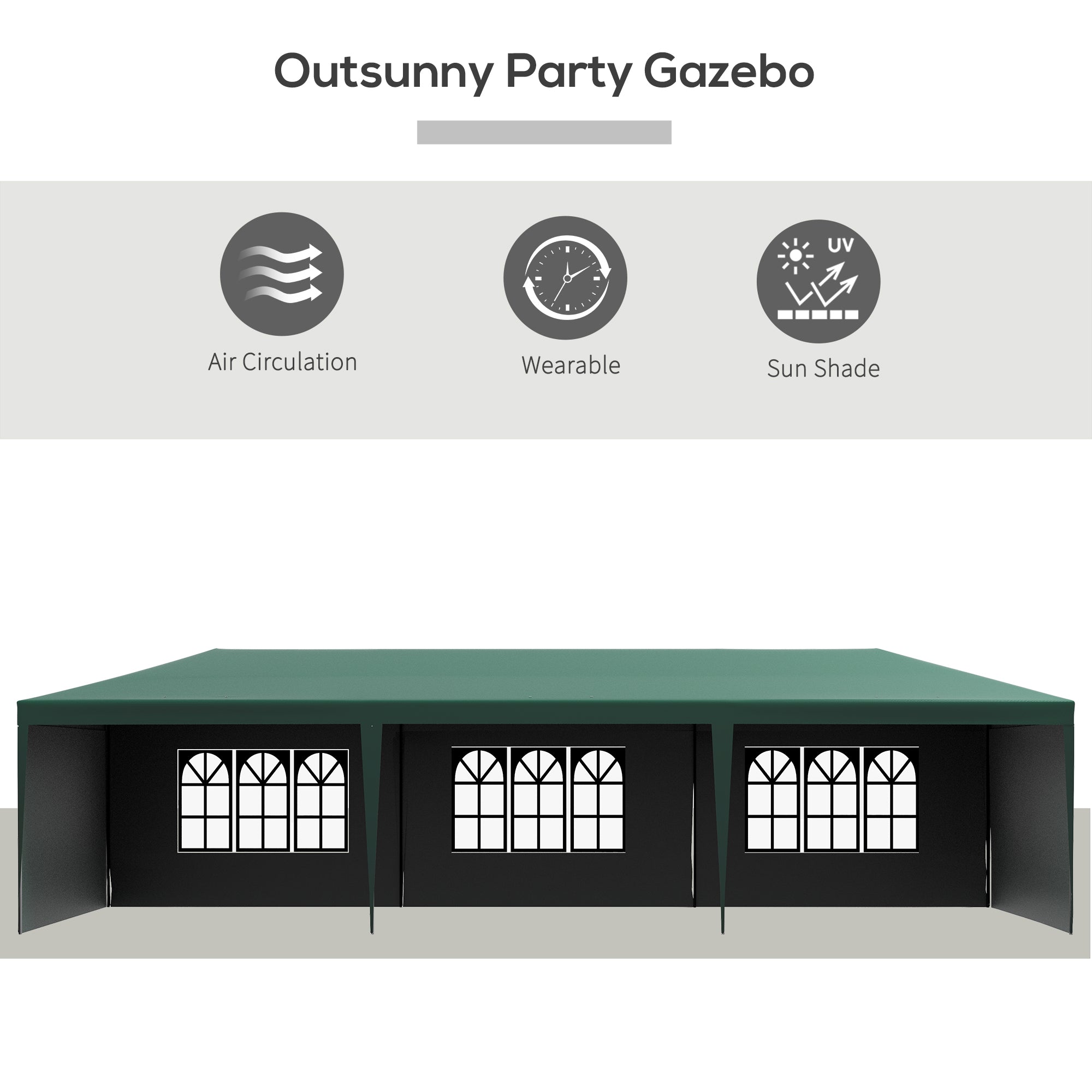 9 x 3 Metre Garden Gazebo with Removable Walls - Green Steel Frame