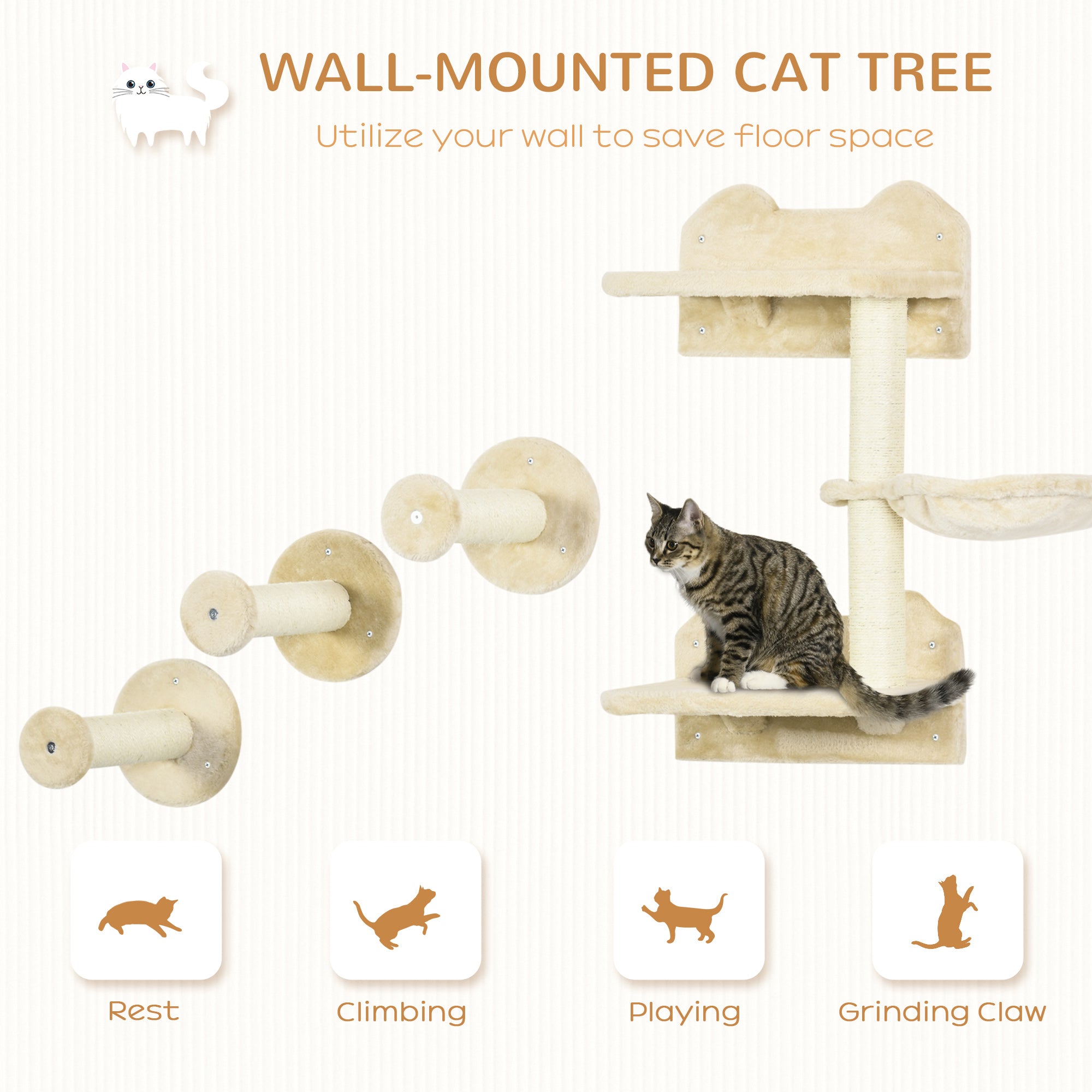 4PCs Cat Shelf, Cat Wall Furniture w/ Hammock, Steps, Platforms, Scratching Post, Wall Mounted Cat Tree for Indoor Cat, Beige