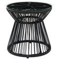 Round Rattan Hollow Drum Side Table with Glass Top for Patio Garden Balcony - Black