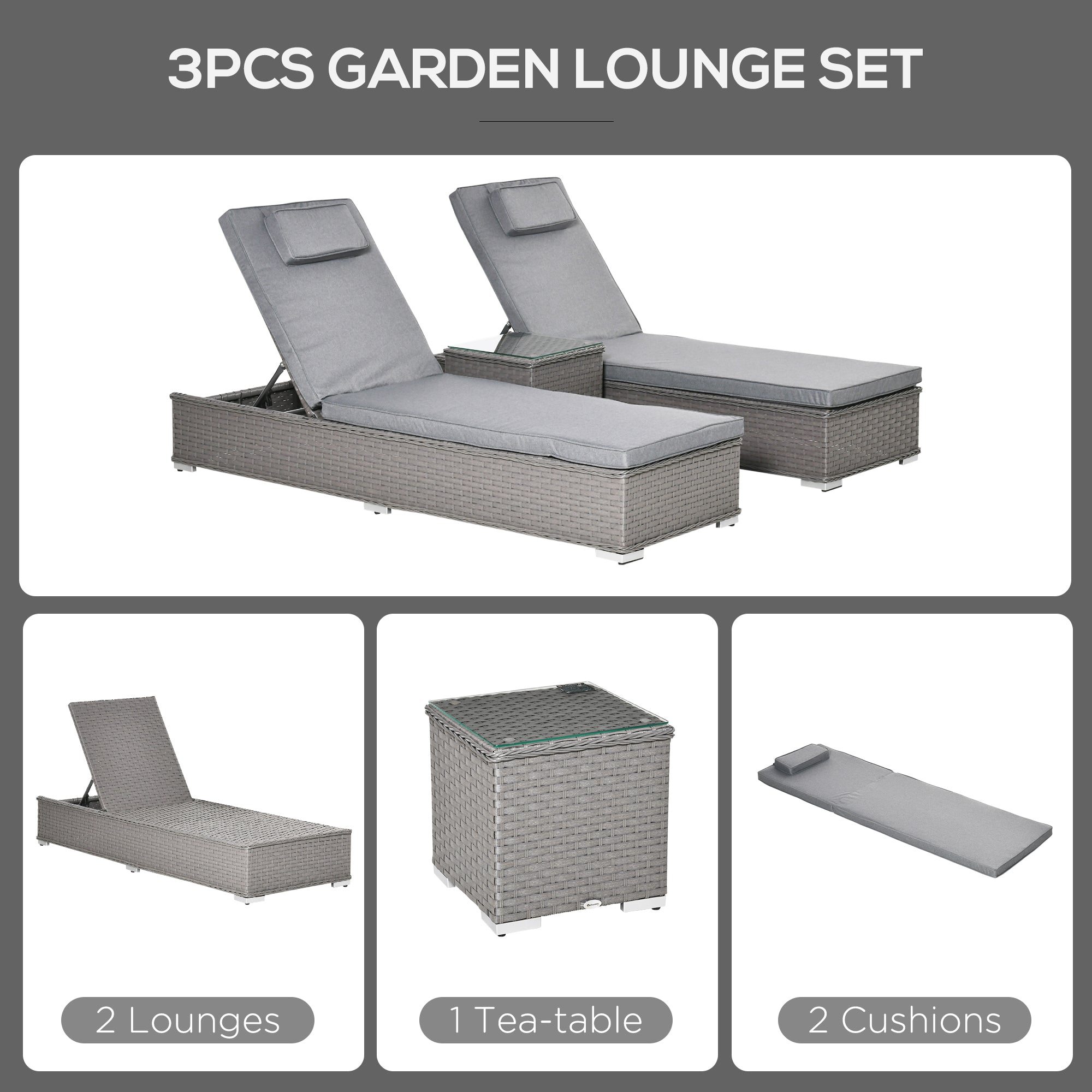 3 Piece Rattan Sun Lounger Set, Garden Furniture with Side Table, 5-Position Adjustable Recline Chair, Grey