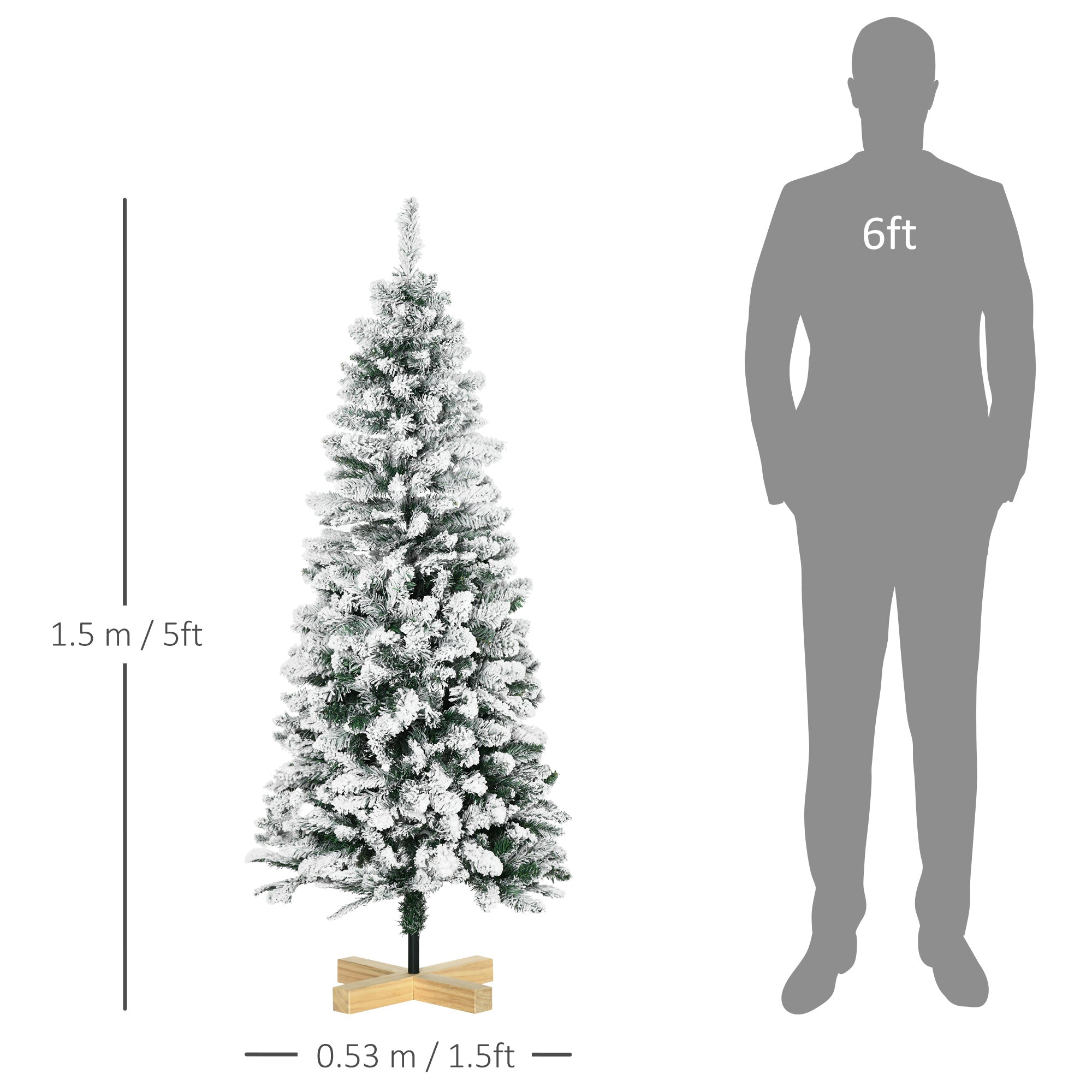 5 Foot Snow Flocked Artificial Christmas Tree, Xmas Pencil Tree with 426 Realistic Branches, Auto Open, Pinewood Base, Green