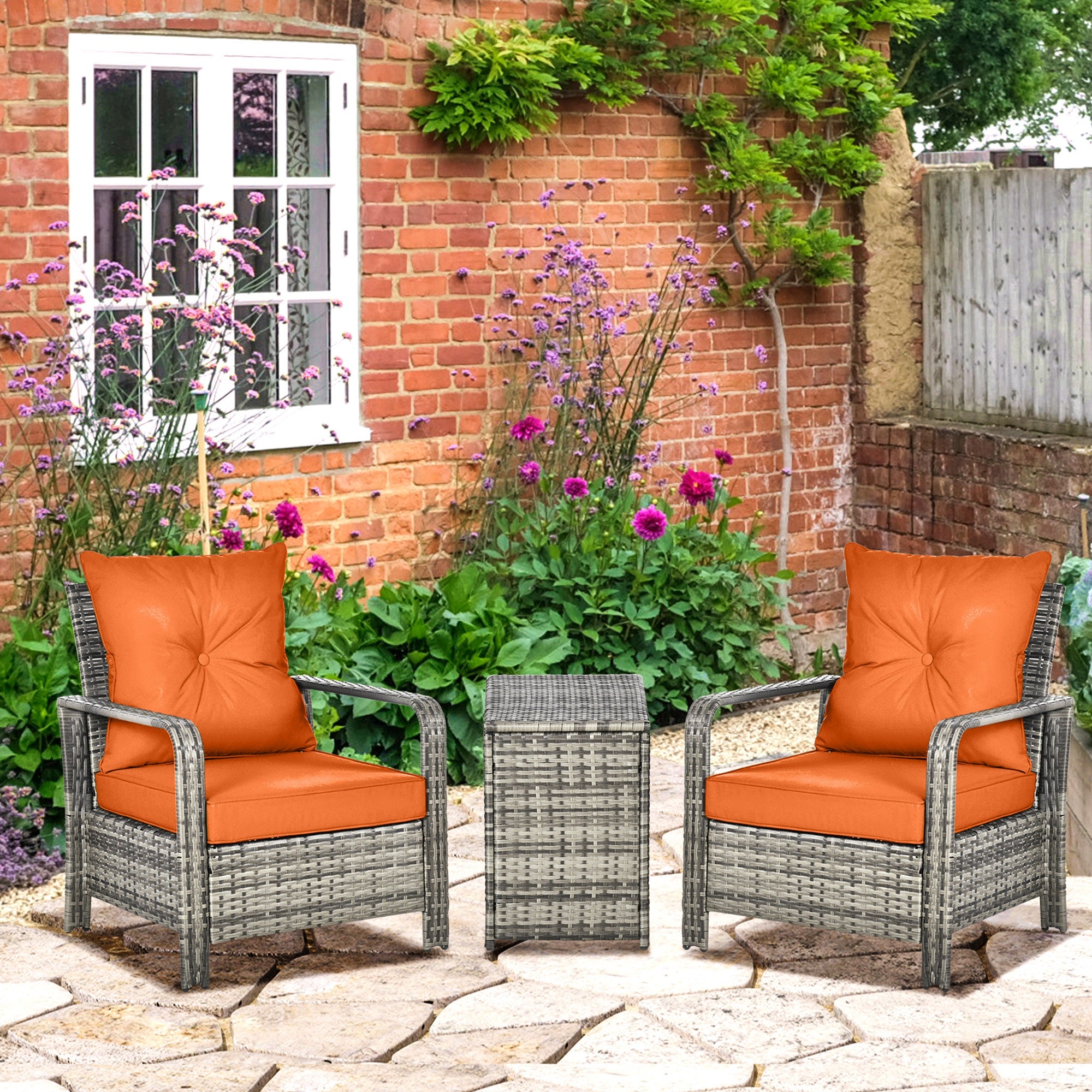 3 pcs PE Rattan Wicker Garden Furniture Patio Bistro Set Weave Conservatory Sofa Storage Table and Chairs Set Orange Cushion, Mixed Grey