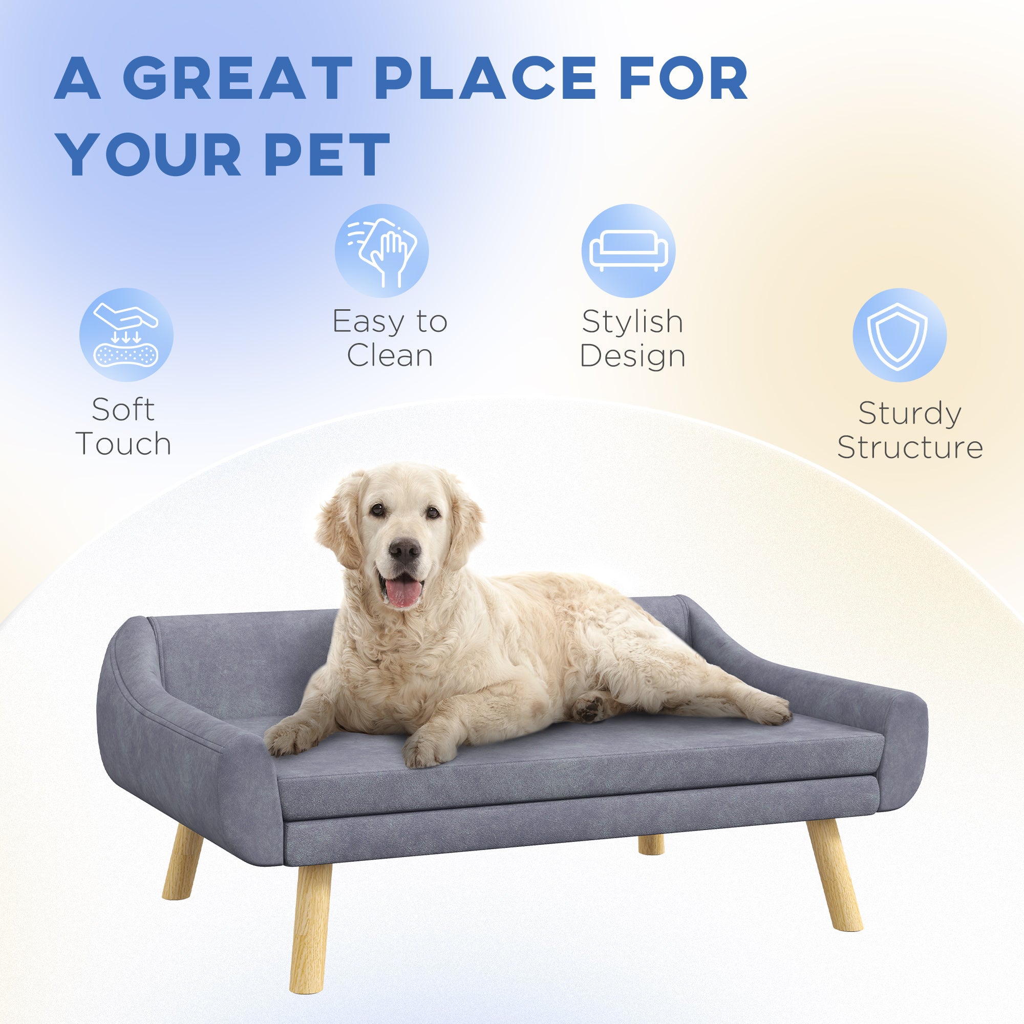 Dog Couch with Soft Cushion, Pet Sofa Bed with Wooden Frame, Removable Cover, for Medium and Large Dogs, Grey