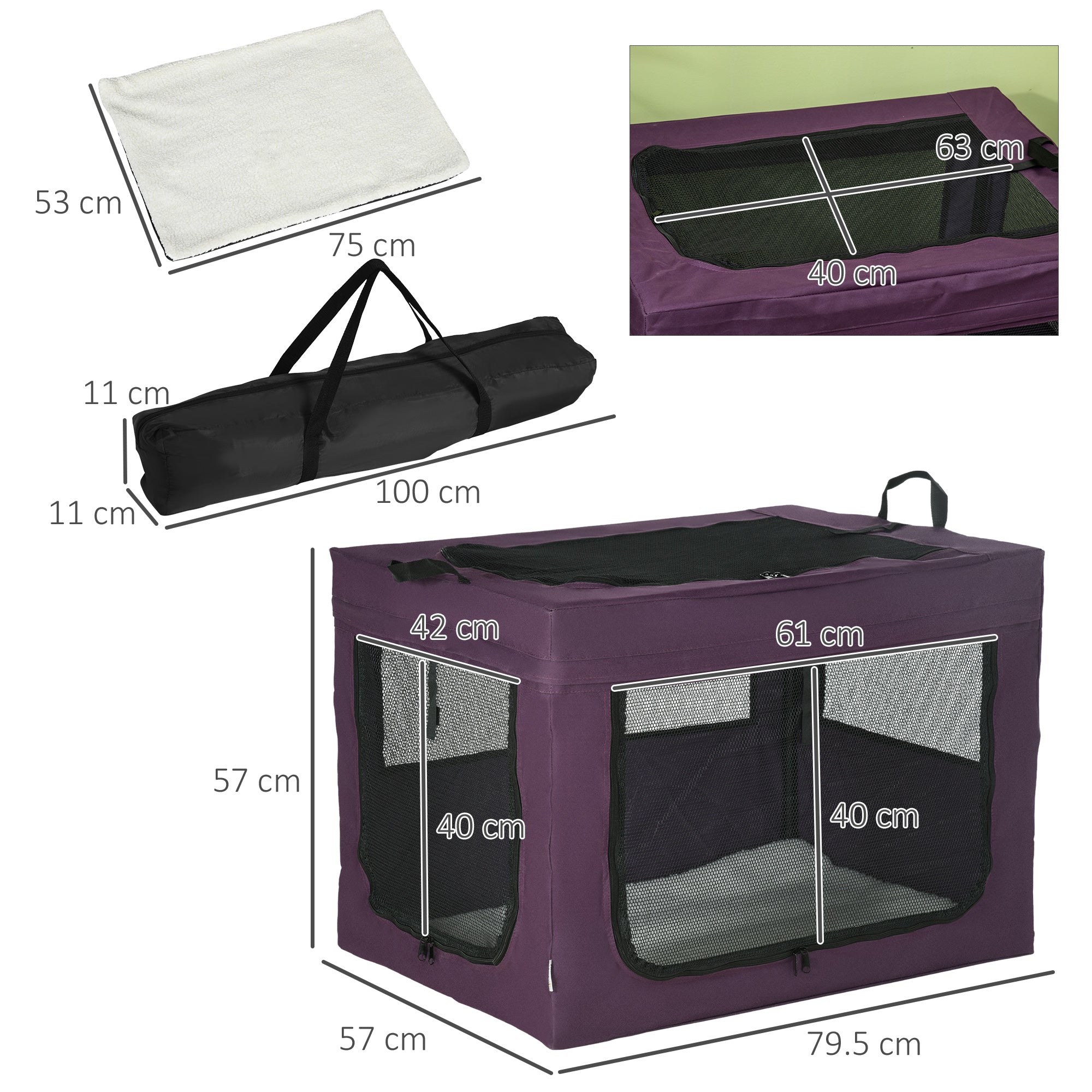 Pet Carrier Portable Cat Carrier Foldable Dog Bag for Small and Medium Dogs, 79.5 x 57 x 57 cm, Purple