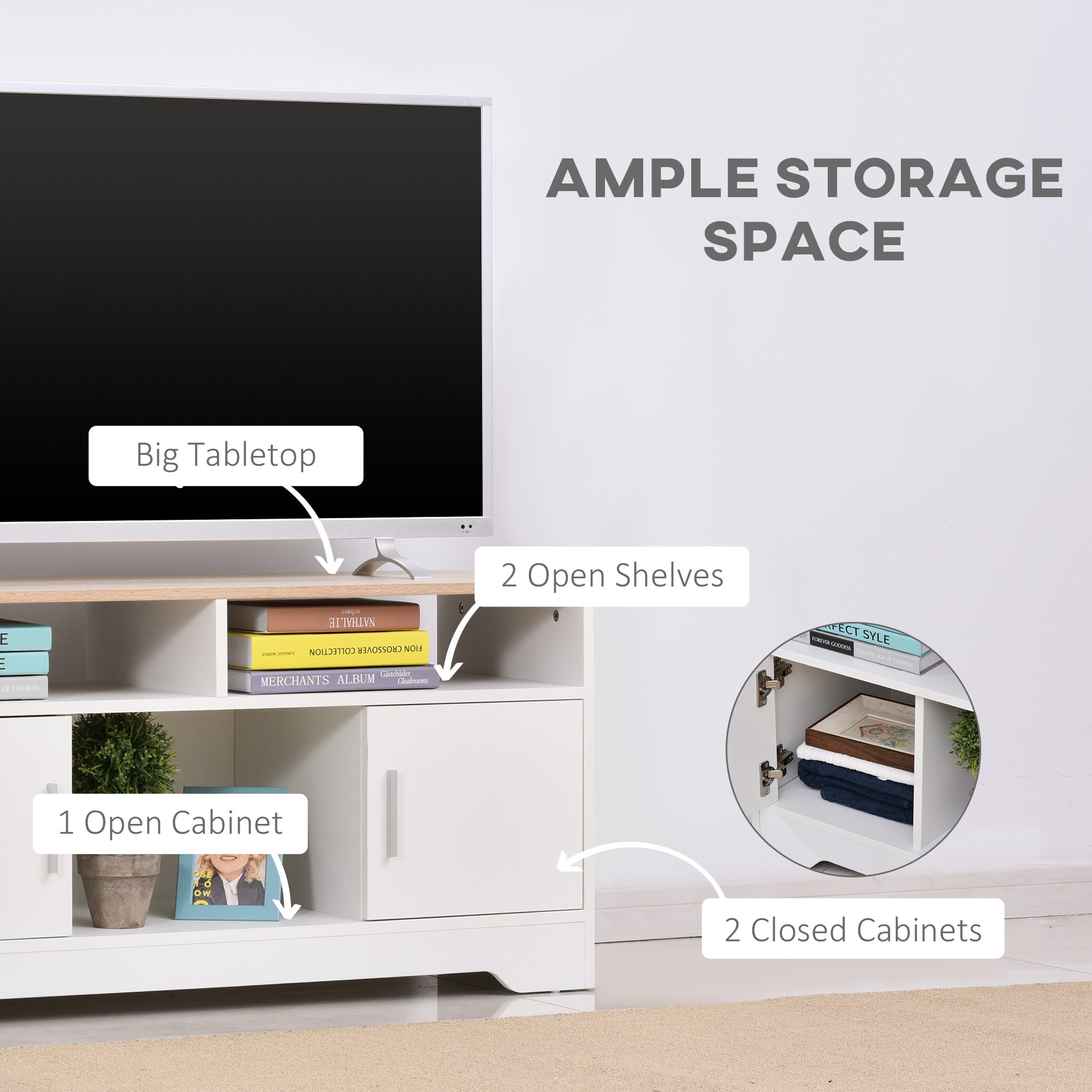 TV Stand for TVs up to 42 Inches with Cabinets, Shelves & Wide Tabletop - White & Wood Color