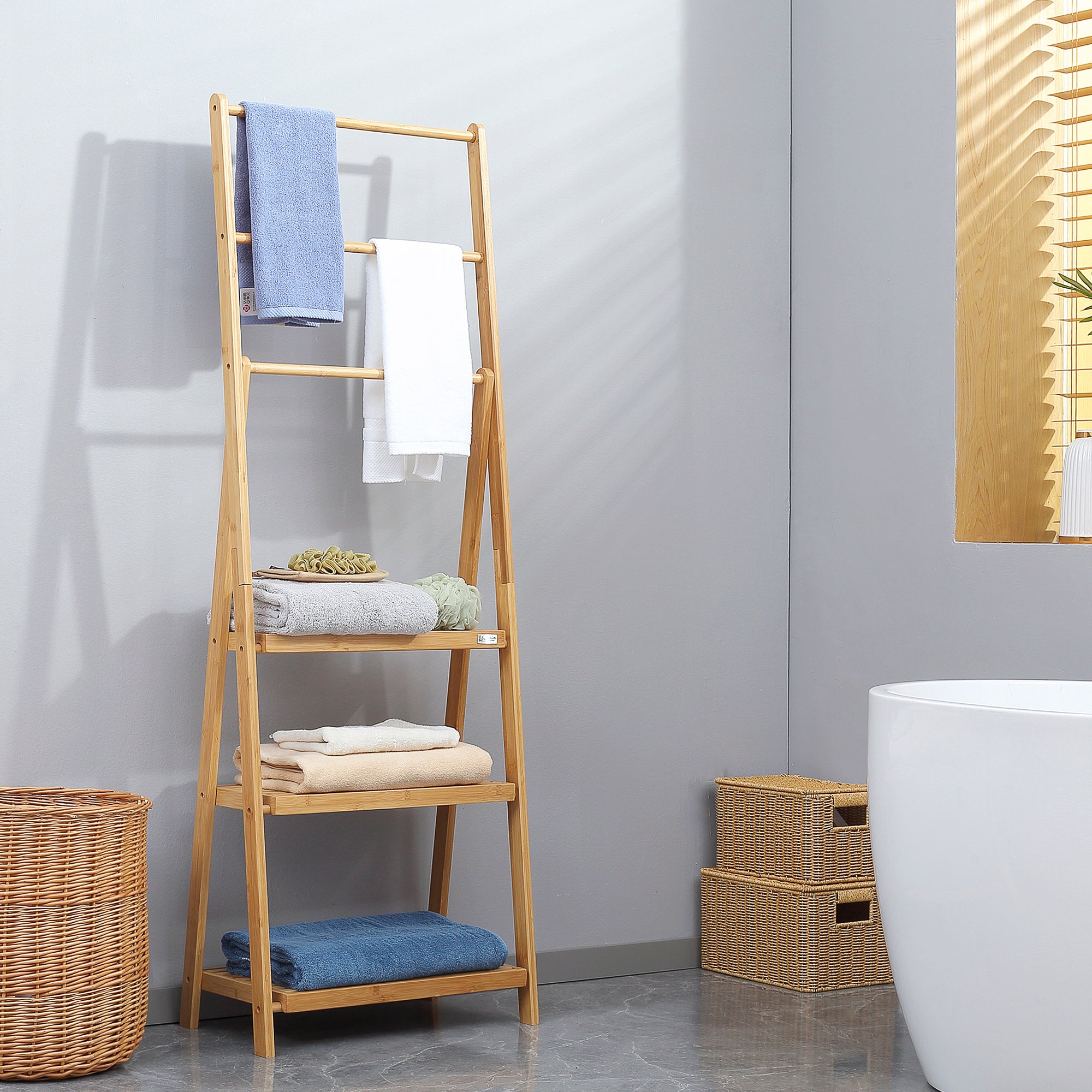 Freestanding Natural Bamboo Towel Rack with 3 Towel Rails and 3 Storage Shelves, Space-Saving Foldable Towel Holder for Bathroom