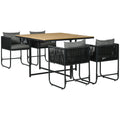 5 Piece PE Rattan Dining Set with Cushions and Wood Grain Table - Black