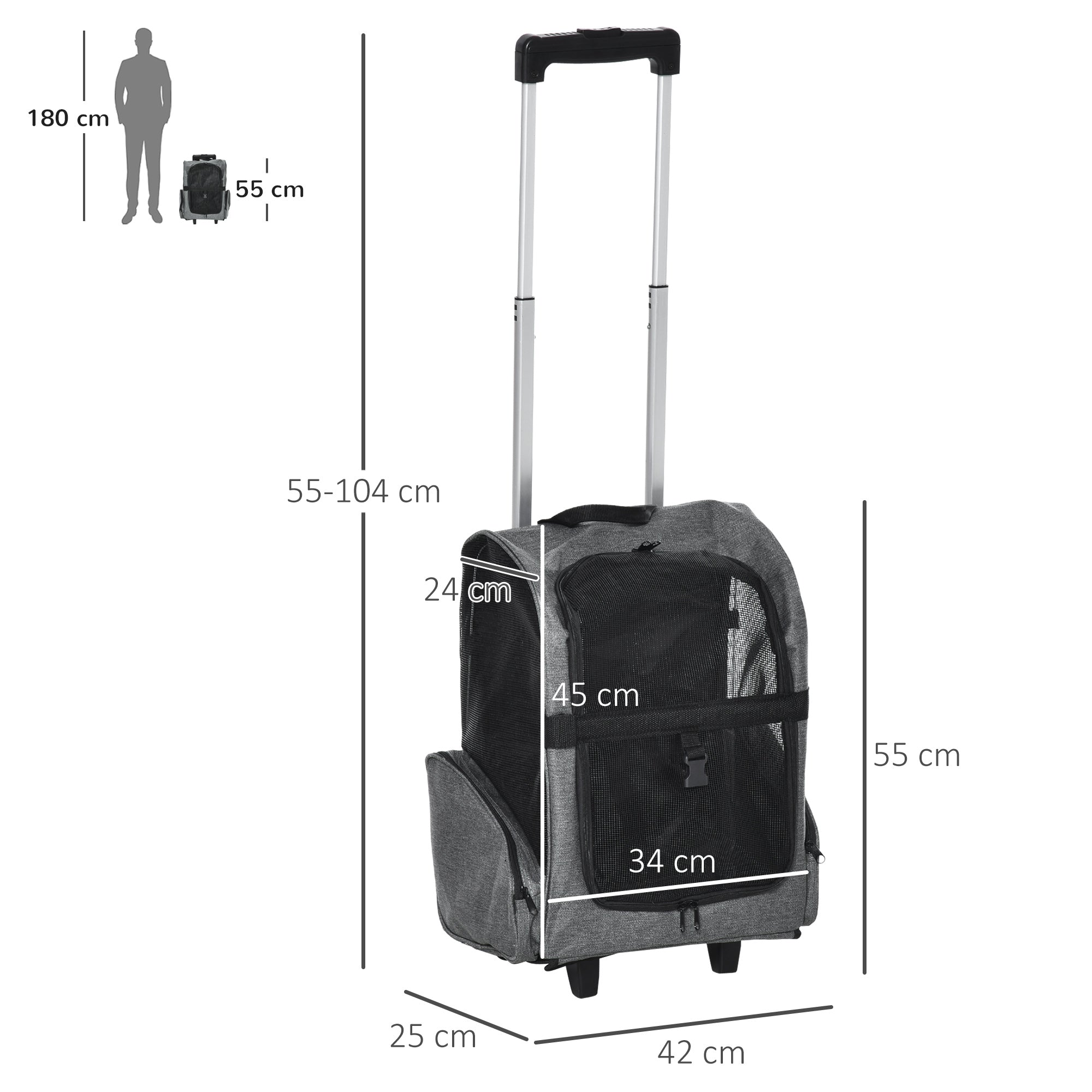 Travel Bag for Dogs Pet Carry Backpack w/ Trolley and Telescopic Handle Portable Stroller Wheel Luggage Bag, Grey