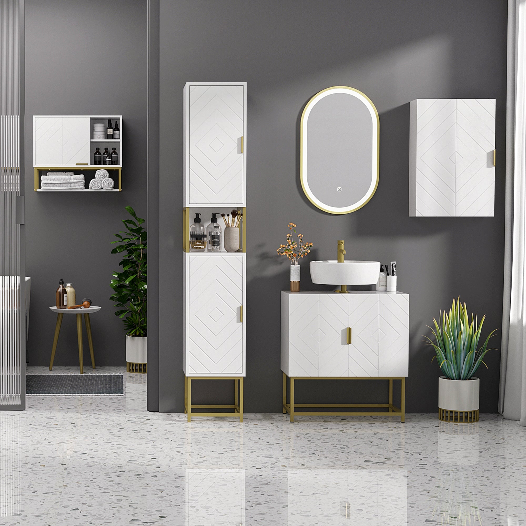 Narrow Bathroom Storage Cabinet with Adjustable Shelf and Gold Accents - White