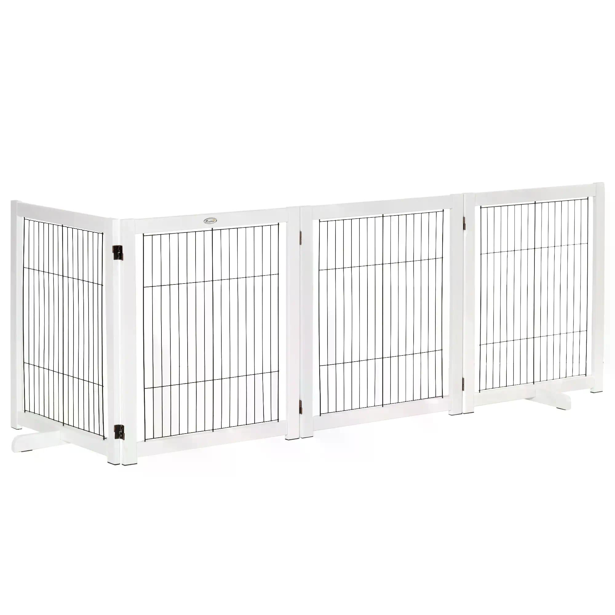 Dog Gate Wooden Foldable Small & Medium-Sized Pet Gate 4 Panel with Support Feet Pet Fence Safety Barrier for House Doorway Stairs White