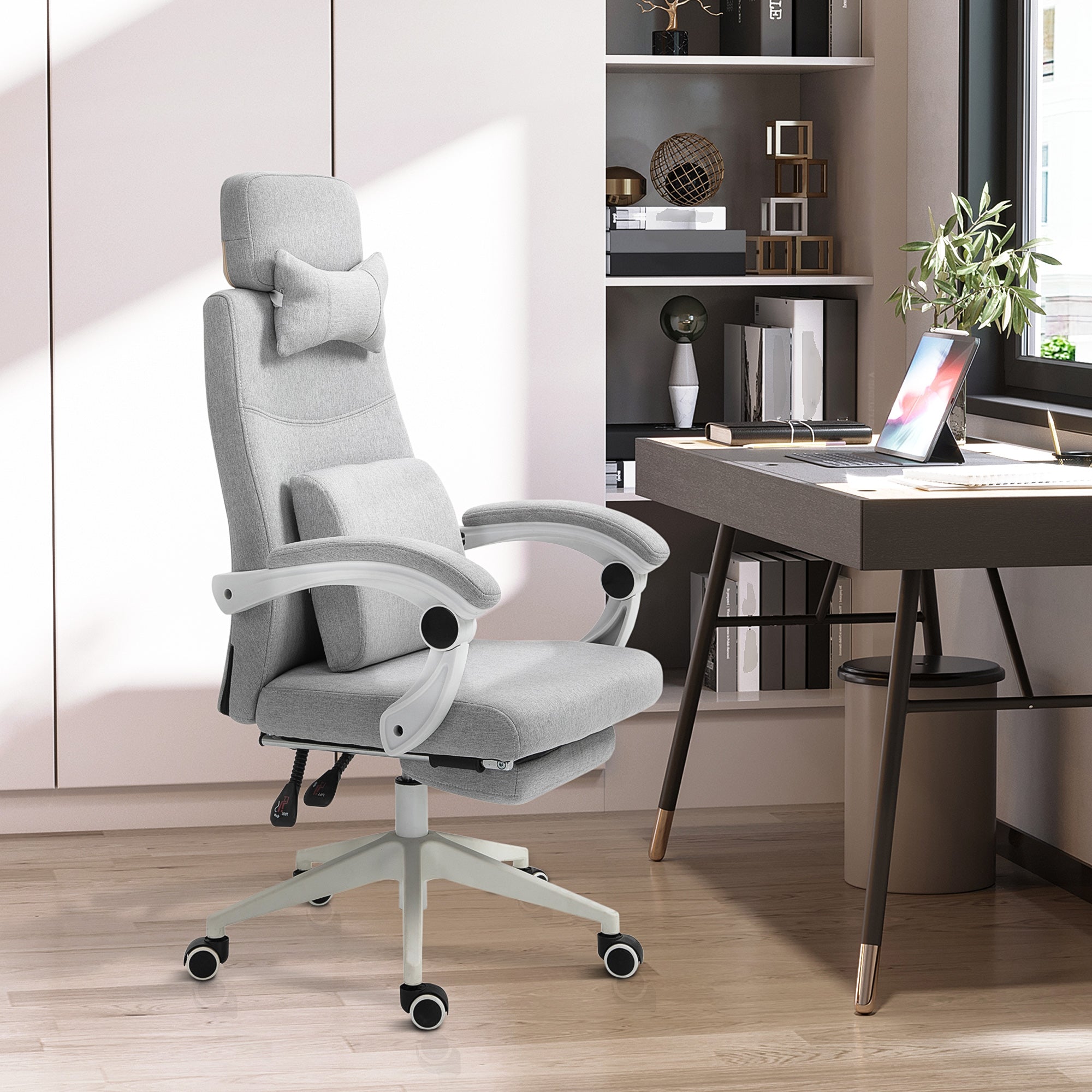 Home Office Chair w/ Manual Footrest Recliner Padded Modern Adjustable Swivel Seat w/ 2 Pillows Armrest Ergonomic Grey