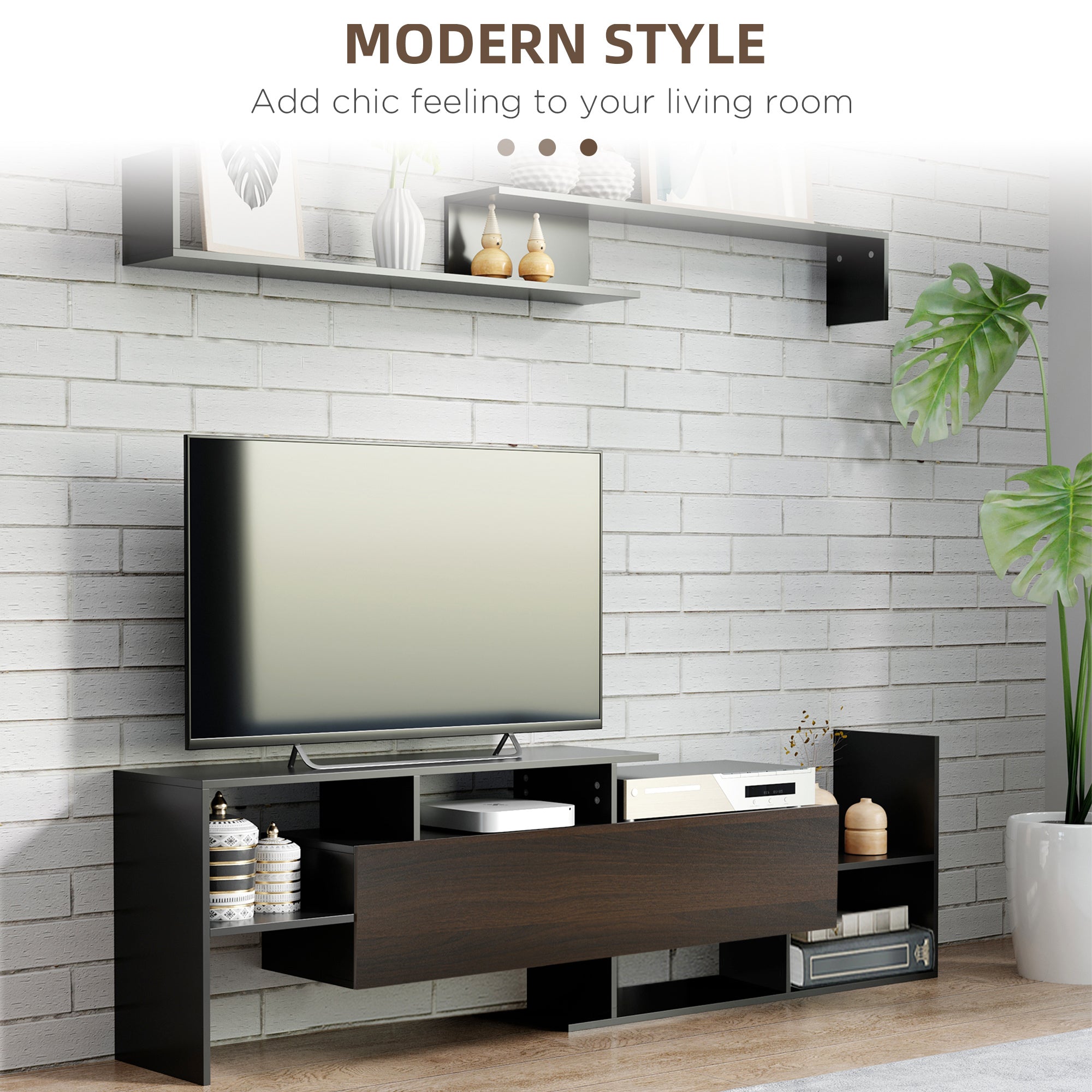 Modern TV Cabinet with Wall Shelf, TV Unit with Storage Shelf and Cabinet, for Wall-Mounted 65" TVs, Living Room Bedroom, Black and Dark Brown