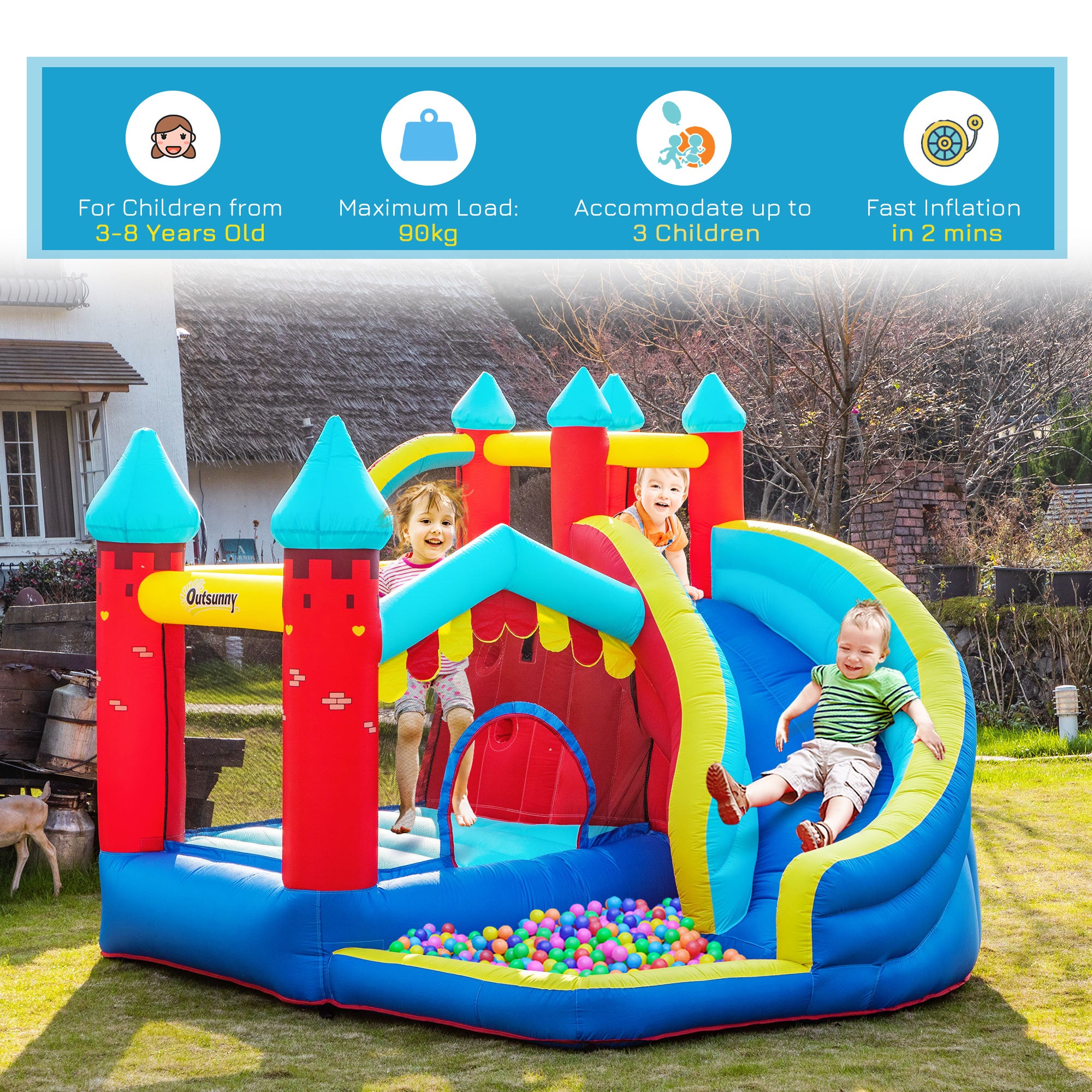 4 in 1 Kids Bounce Castle Large Inflatable House Trampoline Slide Water Pool Climbing Wall for Kids Age 3-8, 2.9 x 2.7 x 2.3m