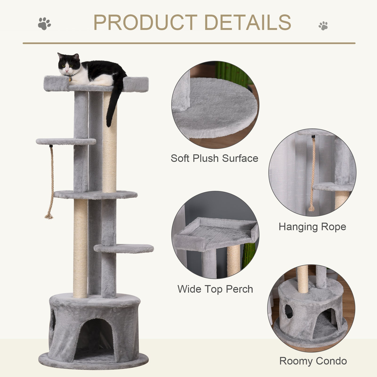 Cat Tree Kitten Tower Multi-level Activity Centre Pet Furniture with Scratching Post Condo Hanging Ropes Plush Perches Grey