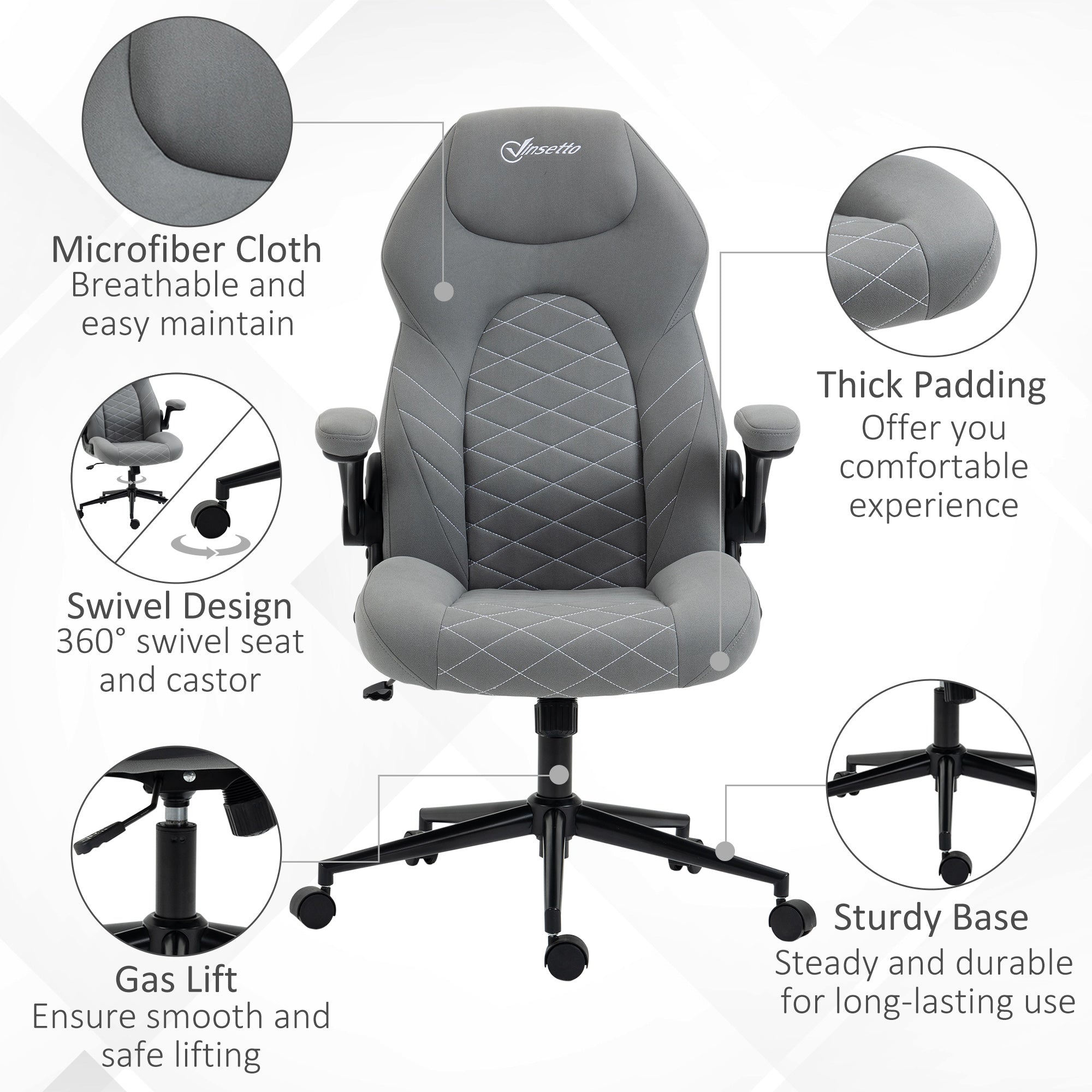 Home Office Desk Chair, Computer Chair with Flip Up Armrests, Swivel Seat and Tilt Function, Light Grey