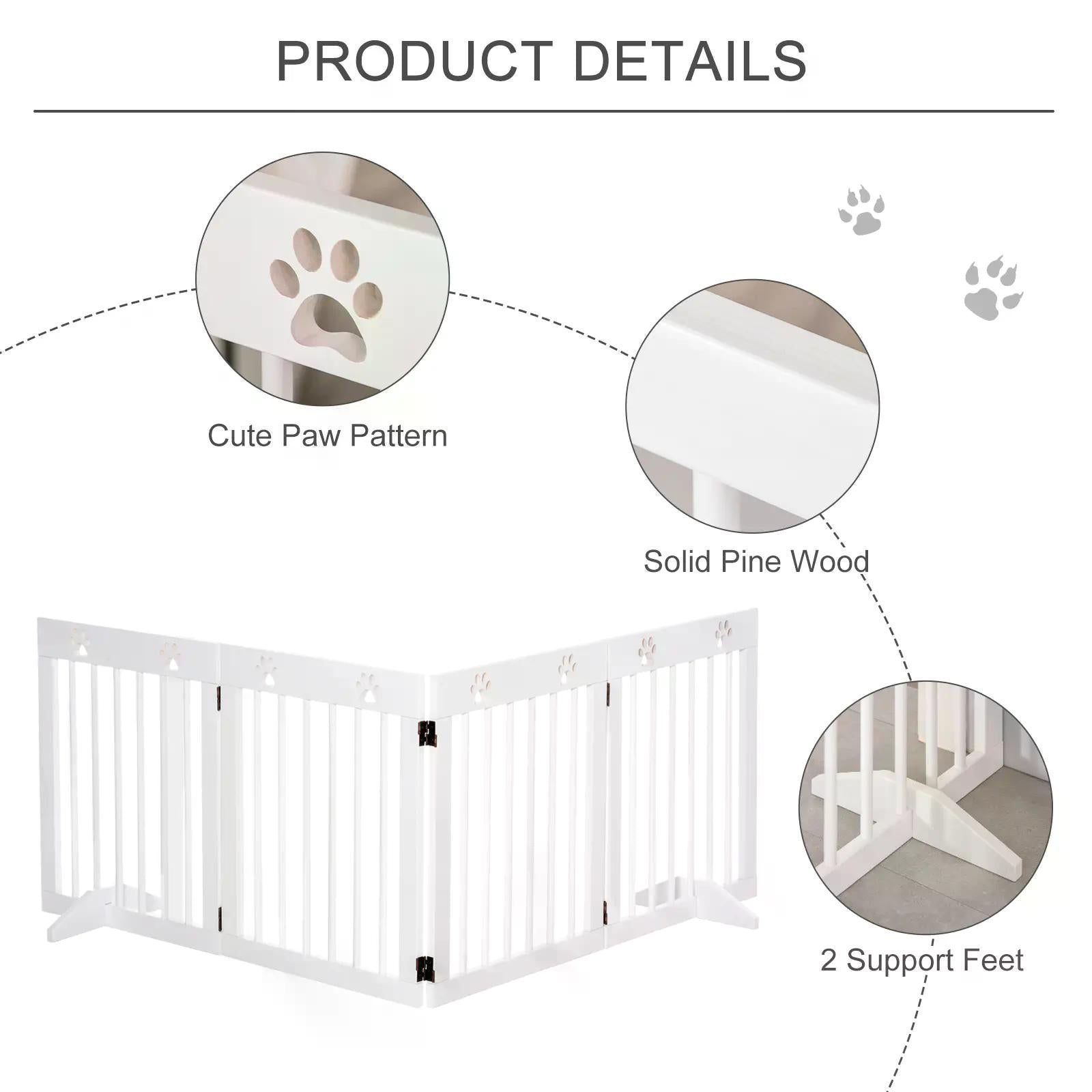 Pet Gate 4 Panel Folding Wooden Dog Barrier Freestanding Dog Gate For Stairs w/ Support Feet