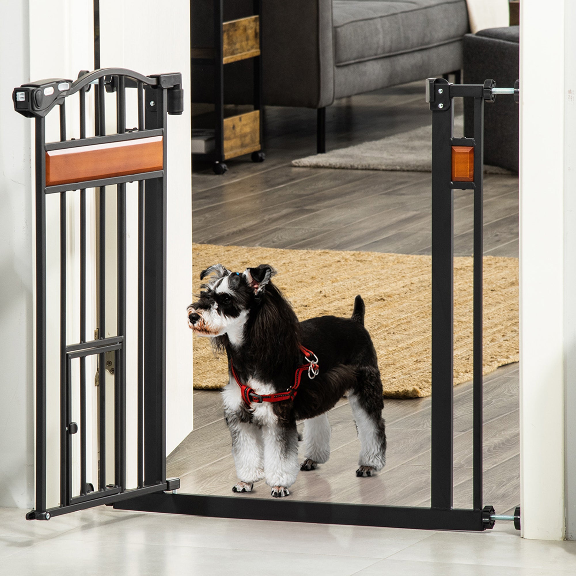 Dog Gate with Cat Door Pet Safety Gate, Auto Close Double Locking Pine Wood Decoration, for Doorways Stairs Indoor, 74-80 cm Wide, Black