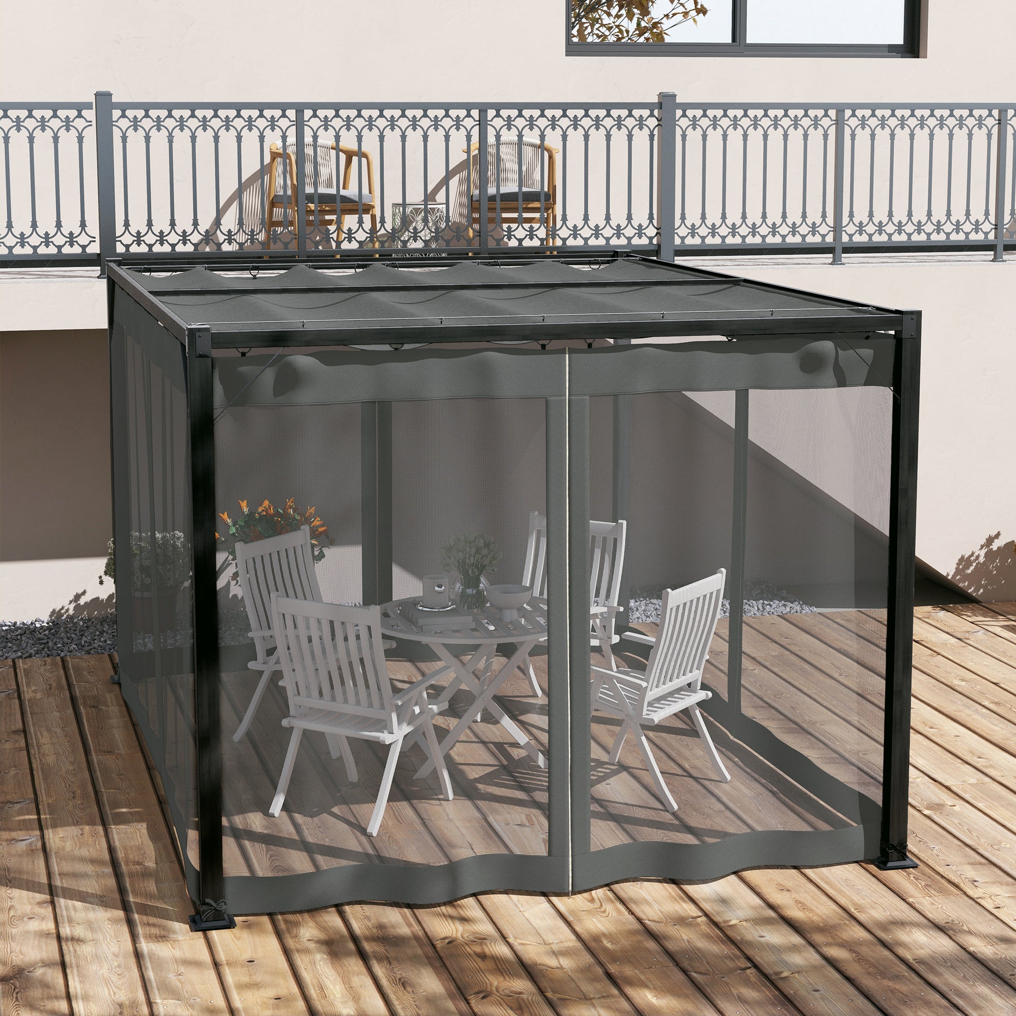Set of 3 Retractable Pergola Gazebo with Nettings for Outdoor Shade - Dark Grey