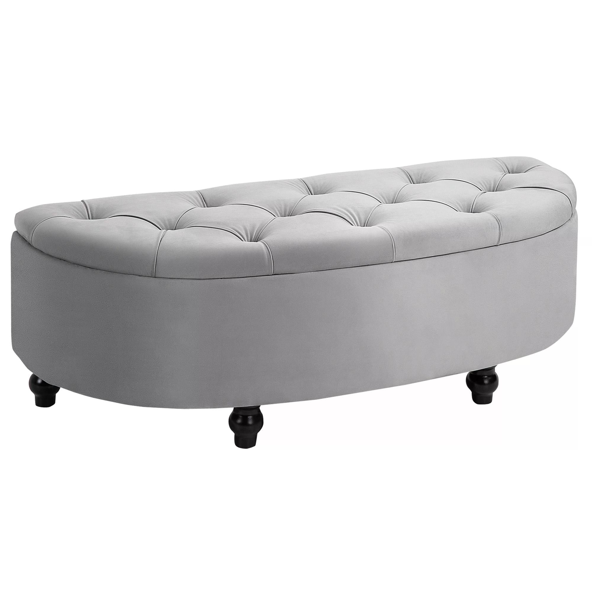 Semi-Circle Storage Ottoman Bench Tufted Upholstered Accent Seat Footrest Stool with Rubberwood Legs for Entryway & Bedroom, Grey