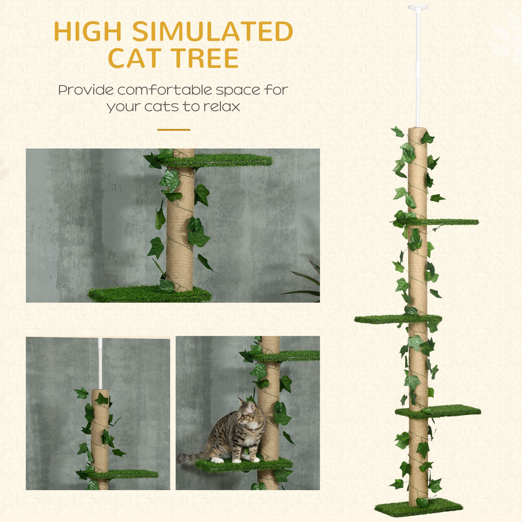 242cm Floor to Ceiling Cat Tree, Height Adjustable Kitten Tower with Anti-slip Kit, Highly Simulated Multi-Layer Activity Center Green