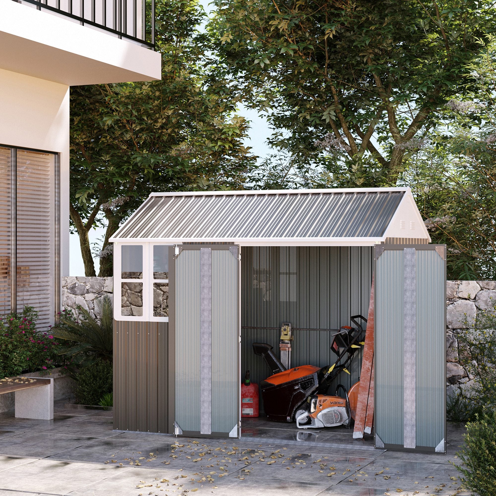 8 x 6 ft Galvanised Garden Shed, Outsoor Metal Storage Shed with Double Doors Window Air Vents for Patio, Lawn, Grey