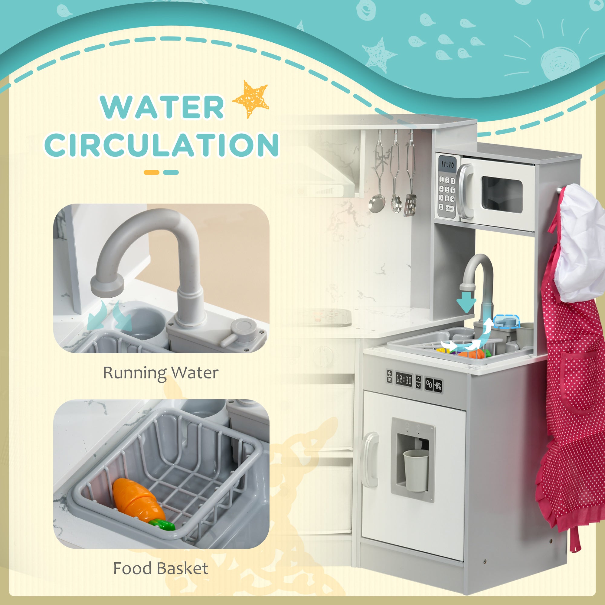 Toy Kitchen with Running Water, Lights Sounds, Apron and Chef Hat, Water Dispenser, for 3-6 Years Old - Grey