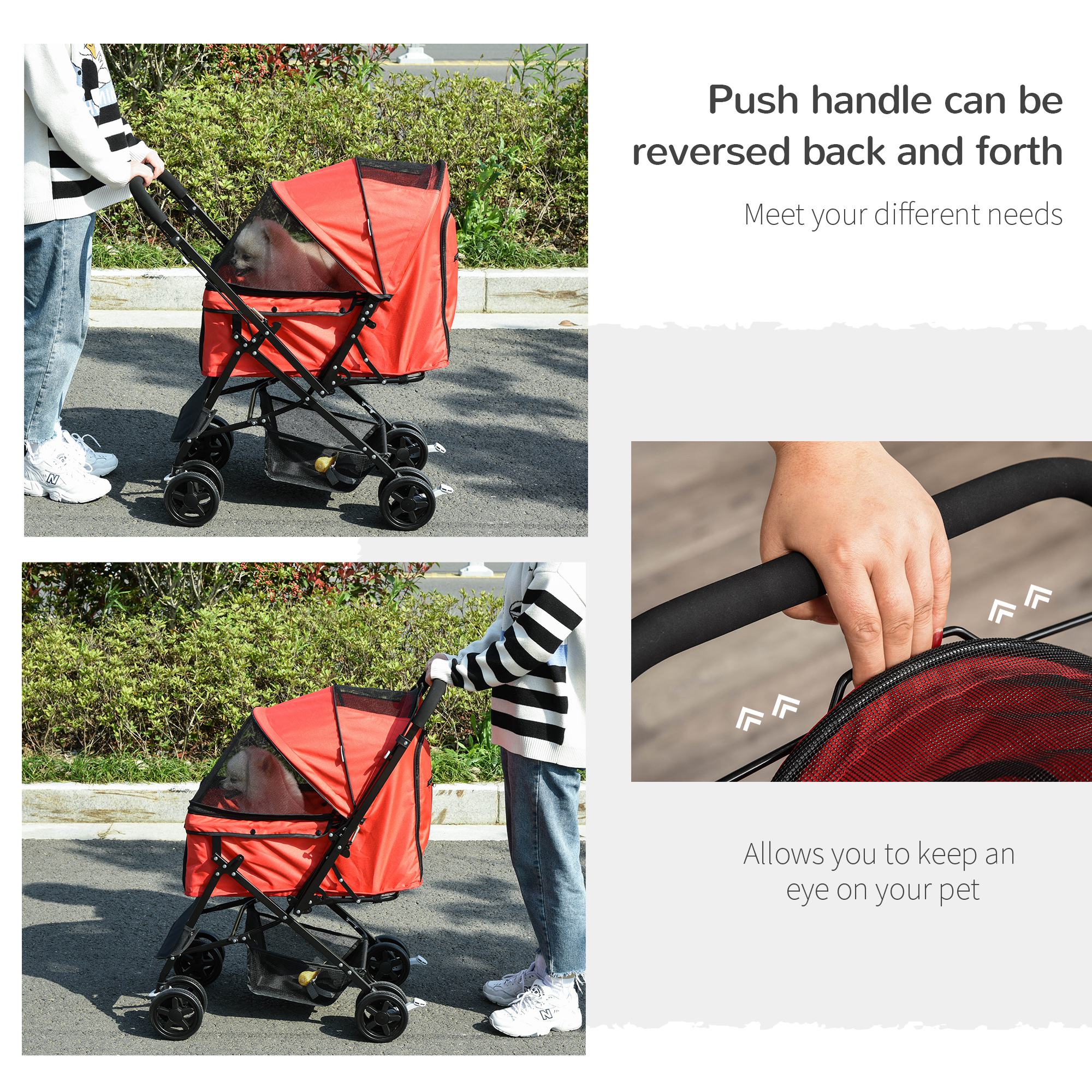 Pet Stroller Dog Travel Pushchair Foldable Jogger with Reversible Handle EVA Wheel Brake Basket Adjustable Canopy Safety Leash Red