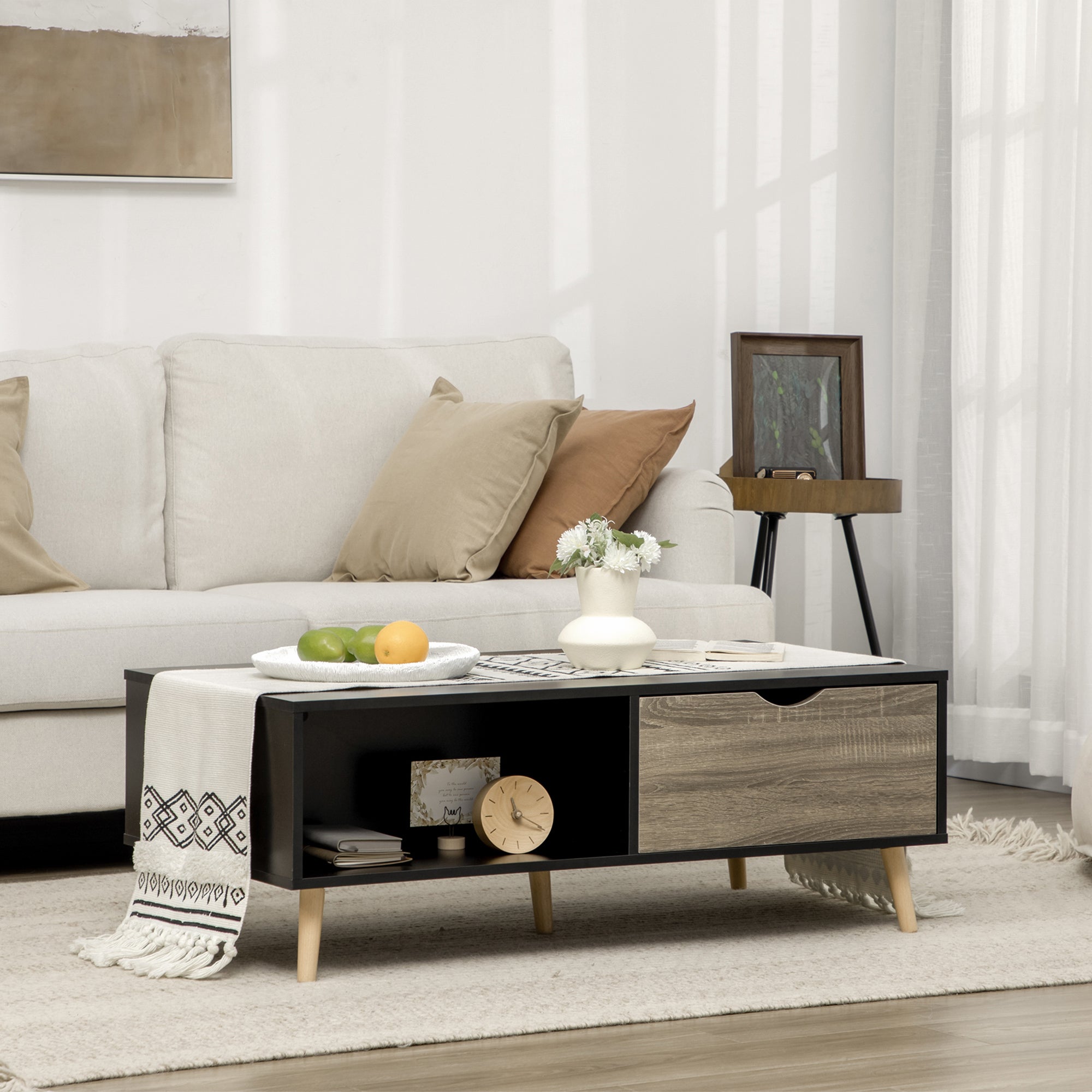Coffee Table, Modern Tea Table with Open Storage Shelves, Two Drawers and Solid Wood Legs, Coffee Tables for Living Room, Bed Room, Black