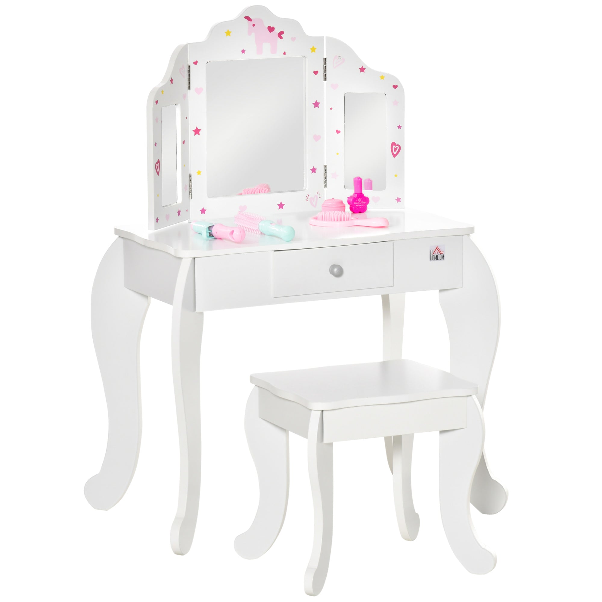 Kids Vanity Table & Stool Girls Dressing Set Make Up Desk Chair Dresser Play Set with Rotatable Mirrors Drawer Star & Heart Pattern White