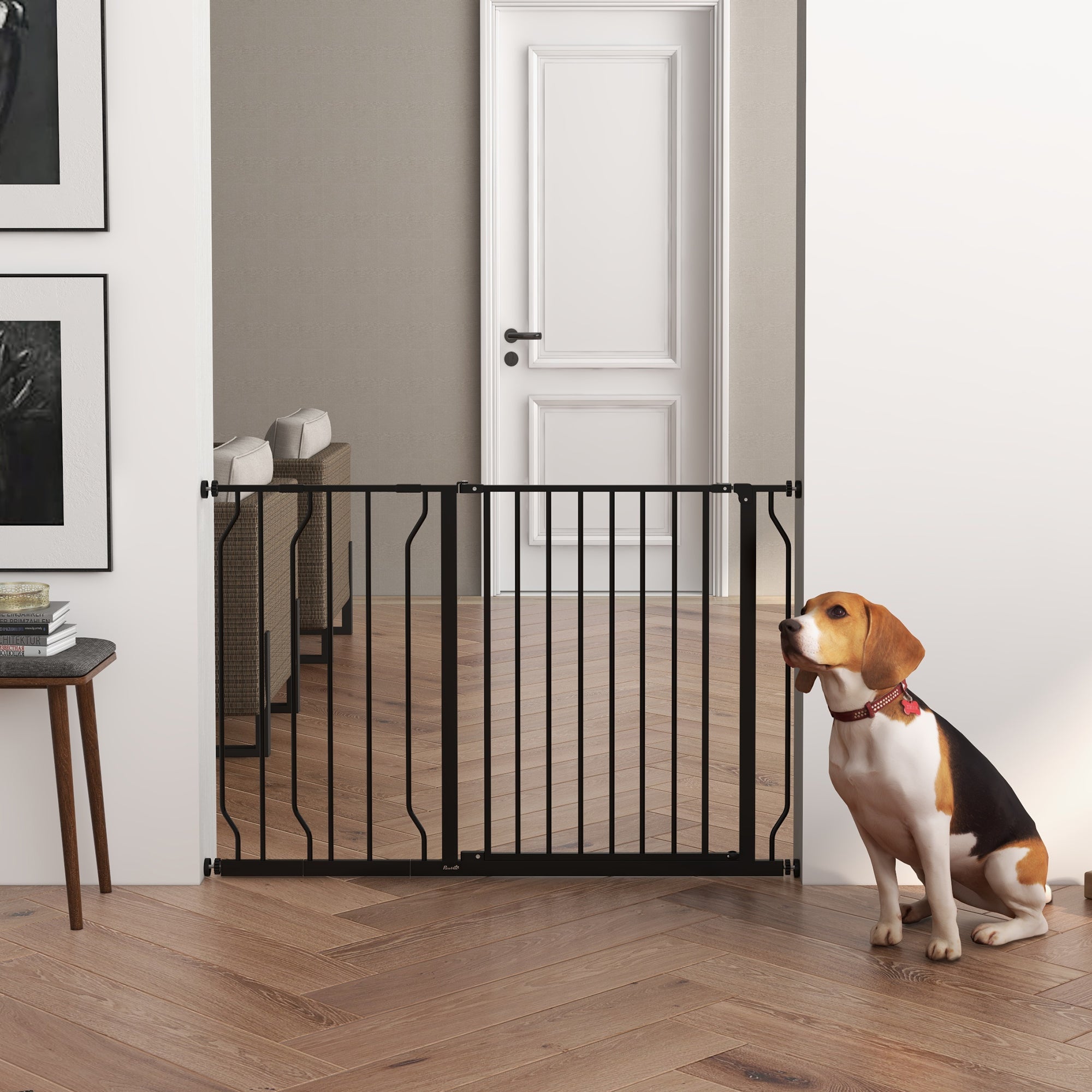 Expandable Dog Gate with Door pressure,75-115cm Doorway Pet Barrier Fence for Hallways, Staircases, Black