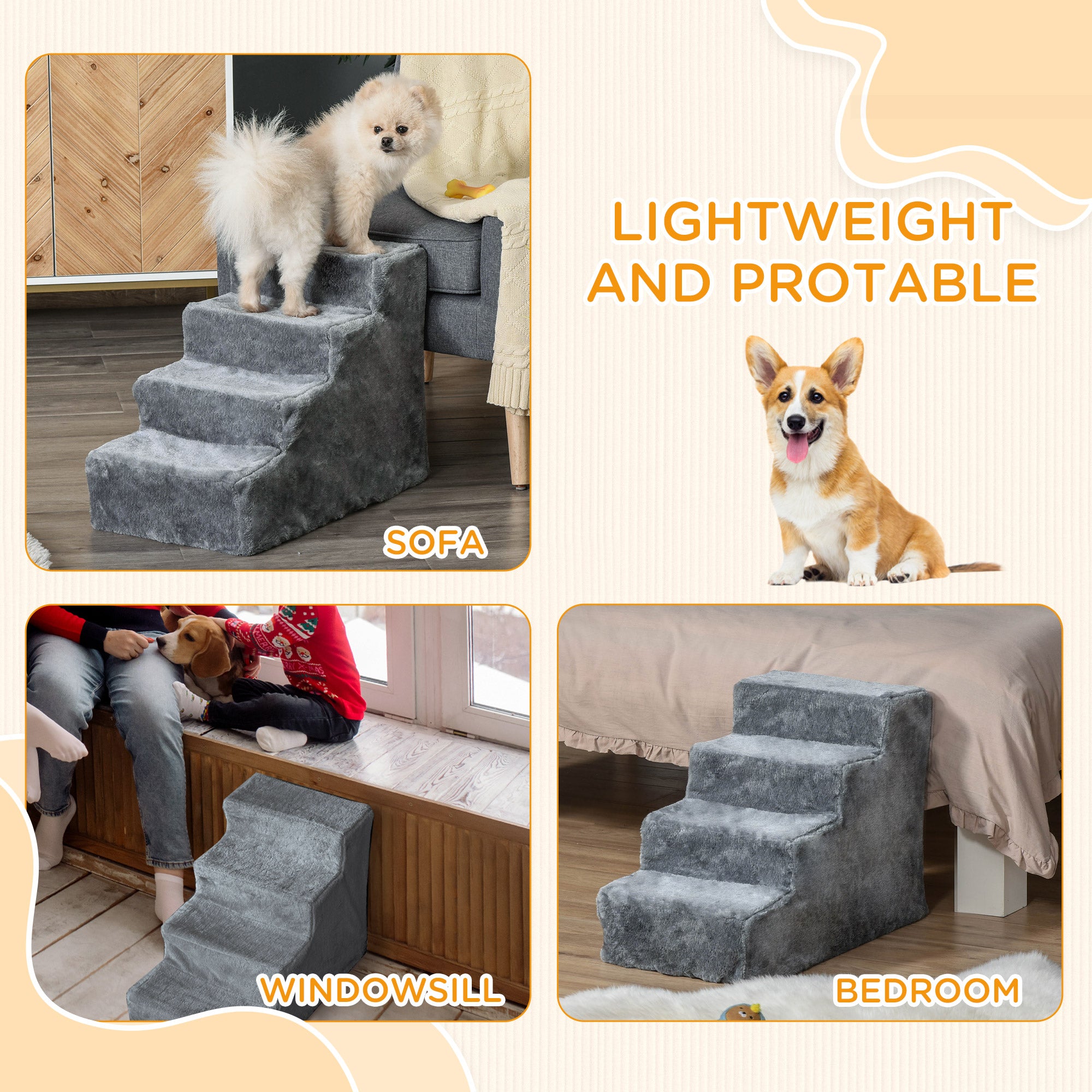 Dog Steps 4-Steps Design with Washable Plush Cover for High Bed Sofa, Dog Stairs for Small Dog and Cat