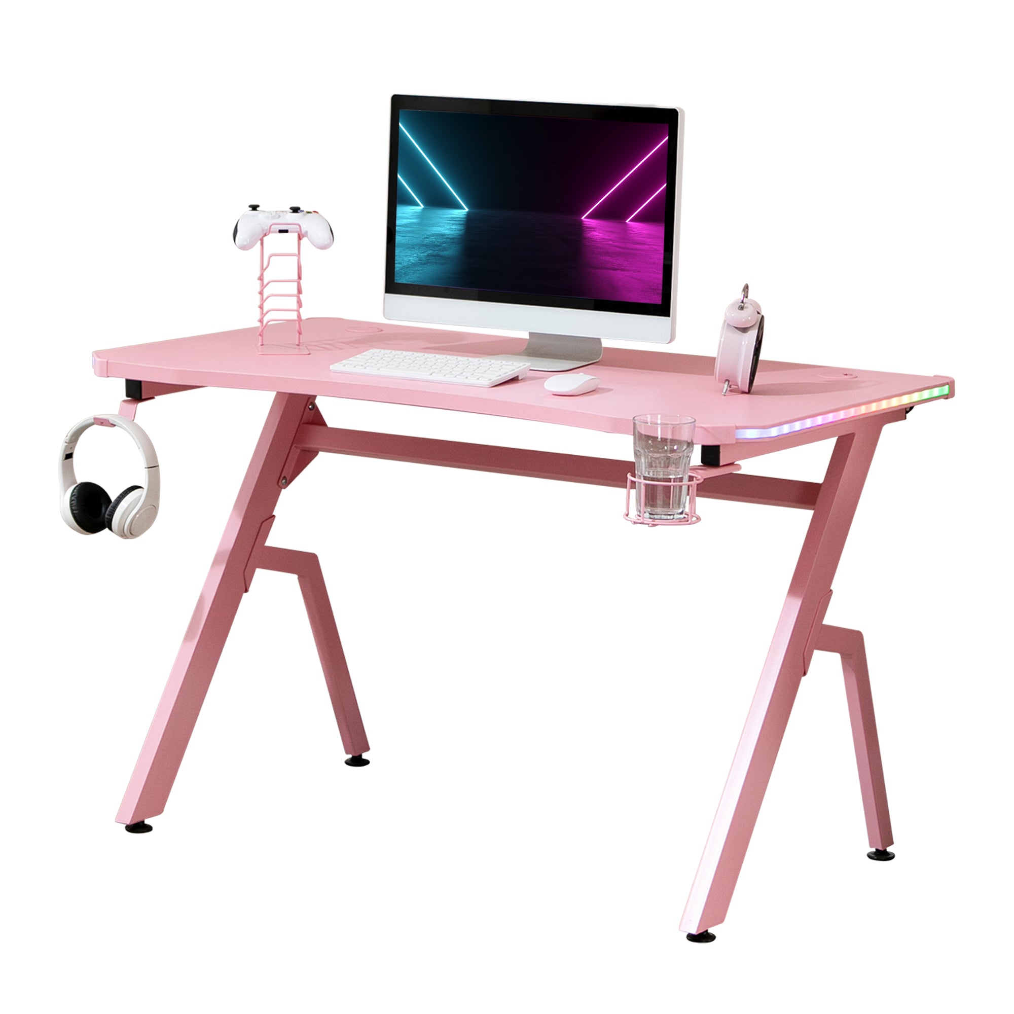 Gaming Desk Racing Style Home Office Ergonomic Computer Table Workstation with RGB LED Lights, Controller Rack & Cable Management, Pink