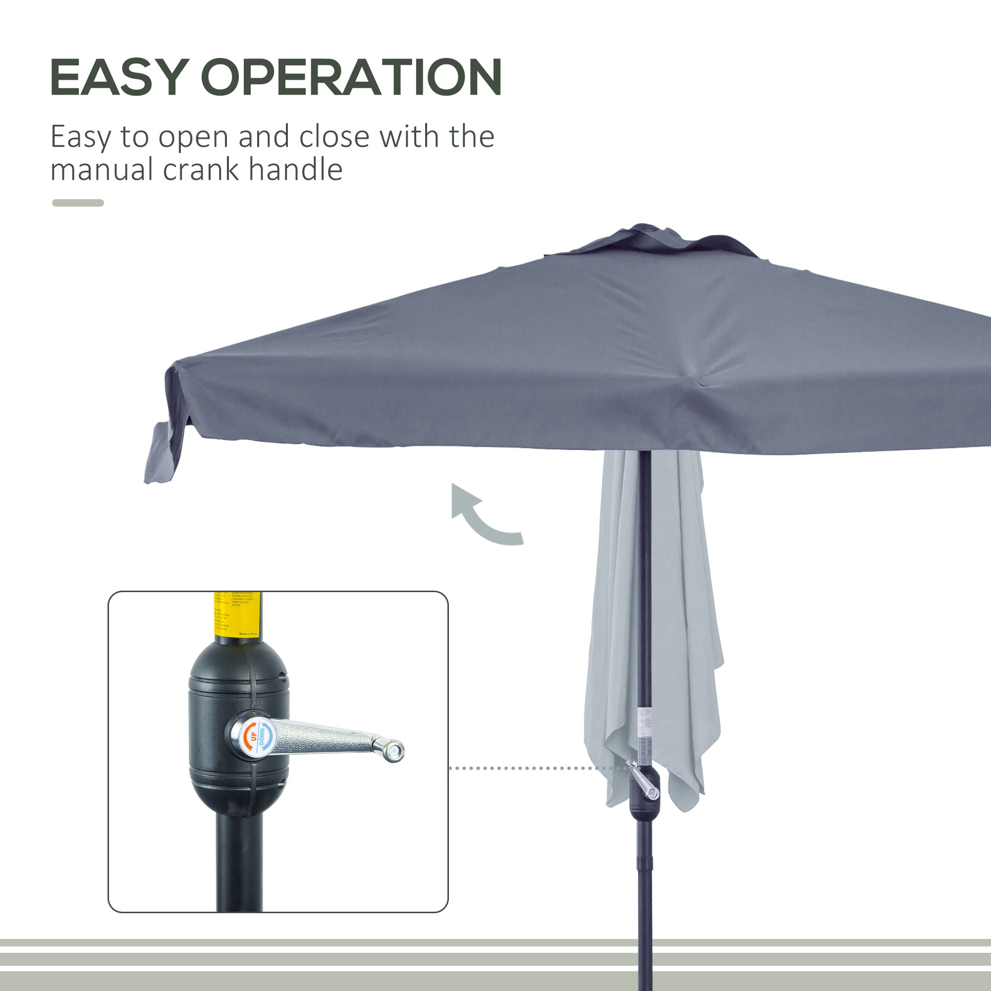 2.3m Half Parasol Semi Round Umbrella with Metal Frame and Crank Handle Grey