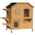 Wooden Cat House Condo 2-Floor Outdoor Pet Shelter Villa - Natural Wood Finish