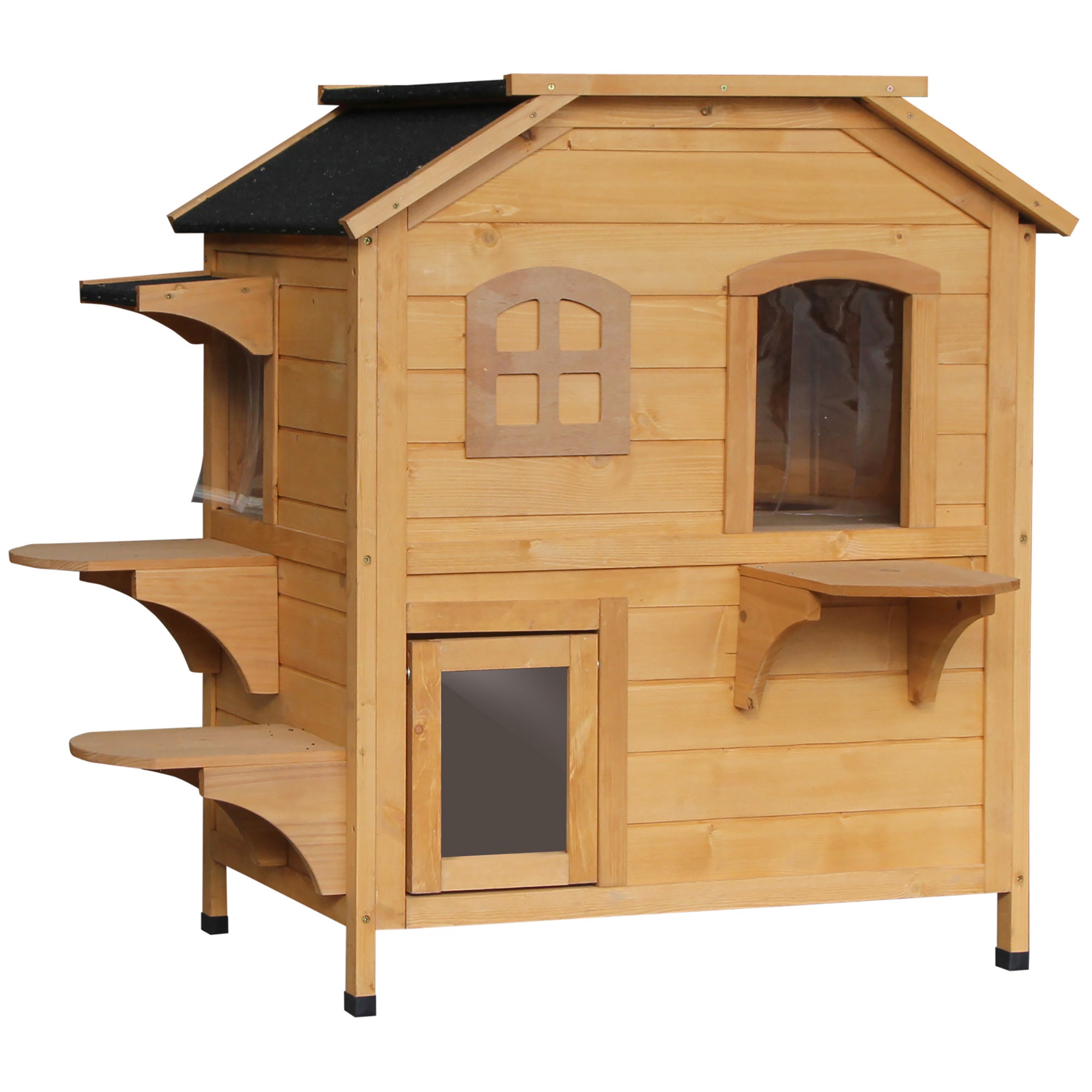 Wooden Cat House Condos Cat Cave Pet Shelter 2 Floor Villa Outdoor Furniture Natural Wood Finish